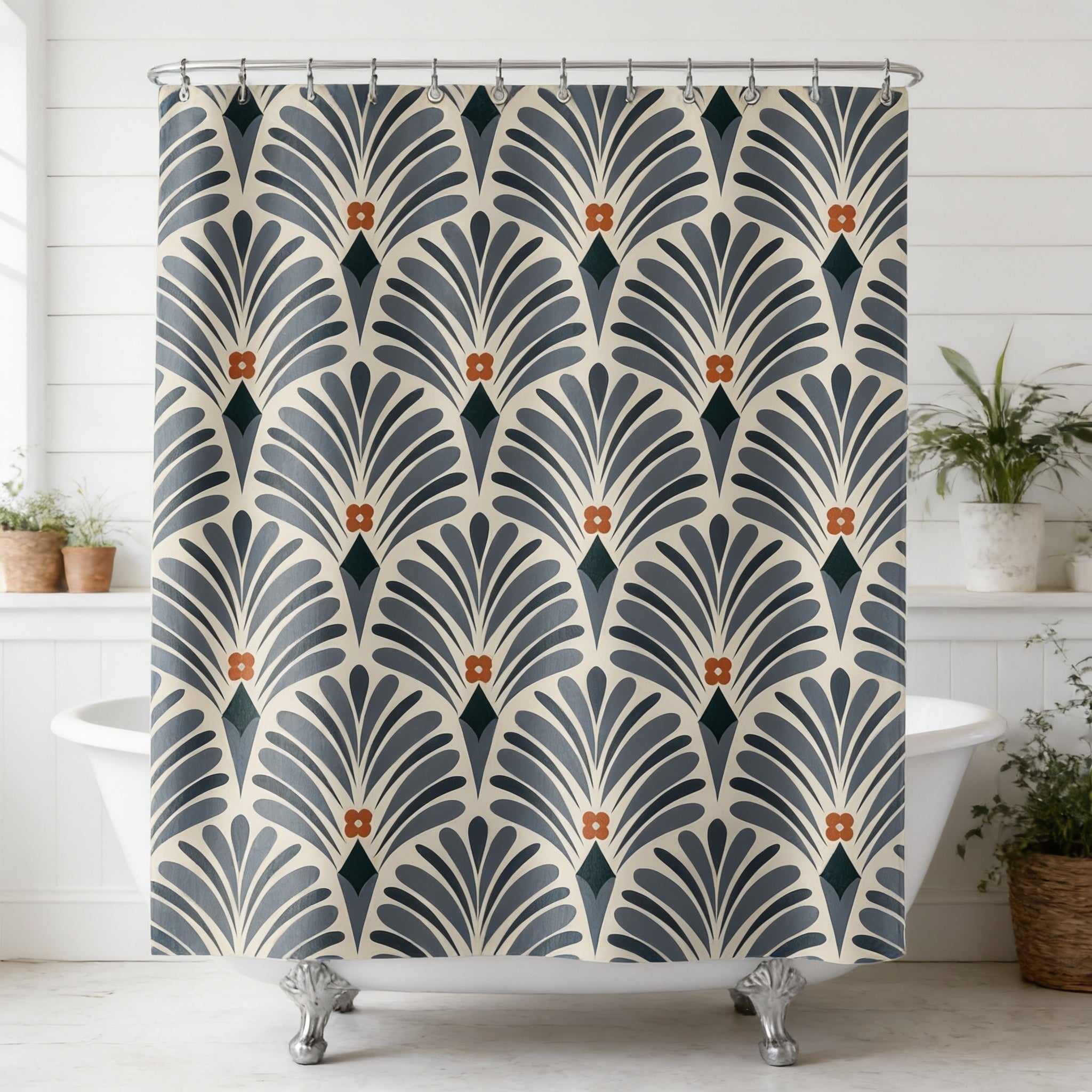 a bathroom with a white bathtub and a shower curtain with a repeating pattern of black and orange leaves. The curtain has a metallic frame and is hanging from a rod.
