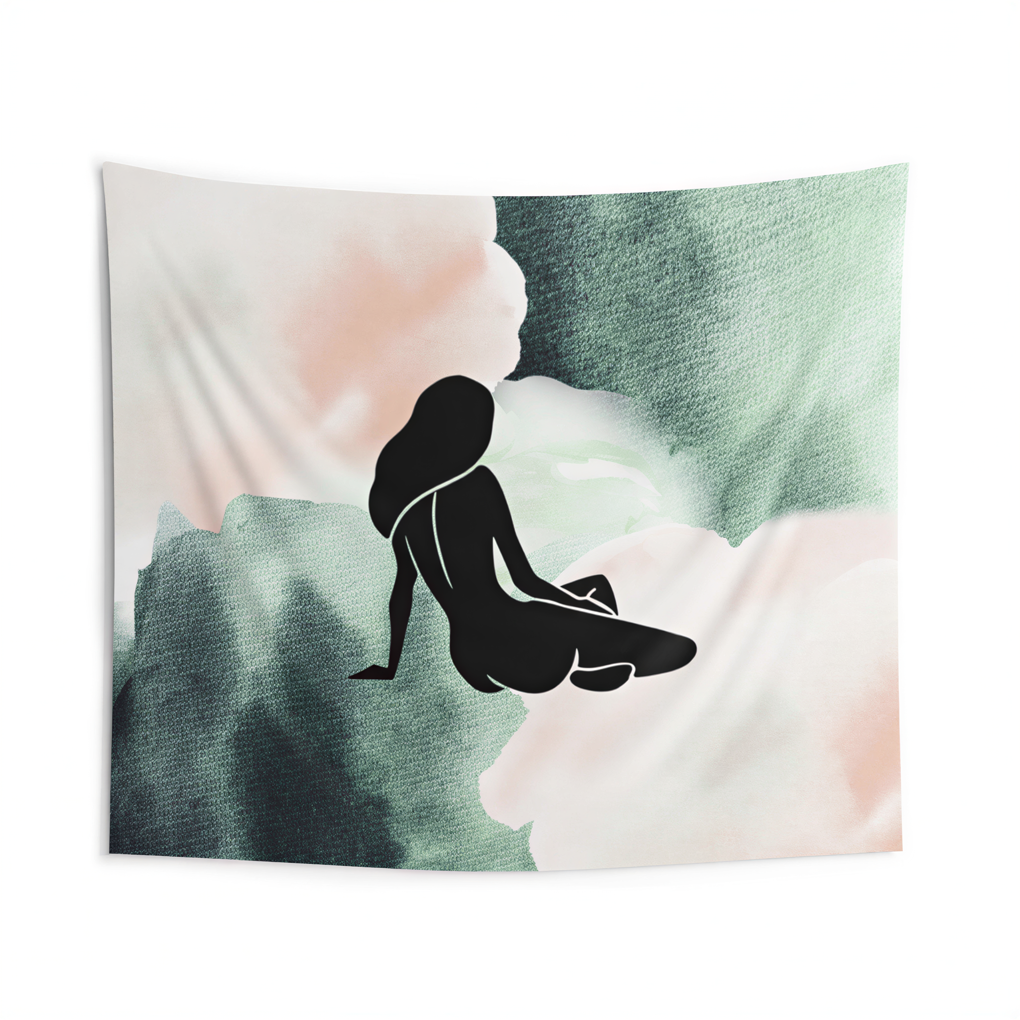 Sensuous Female Art Tapestry Green Pink Ombre hanging on a living room wall