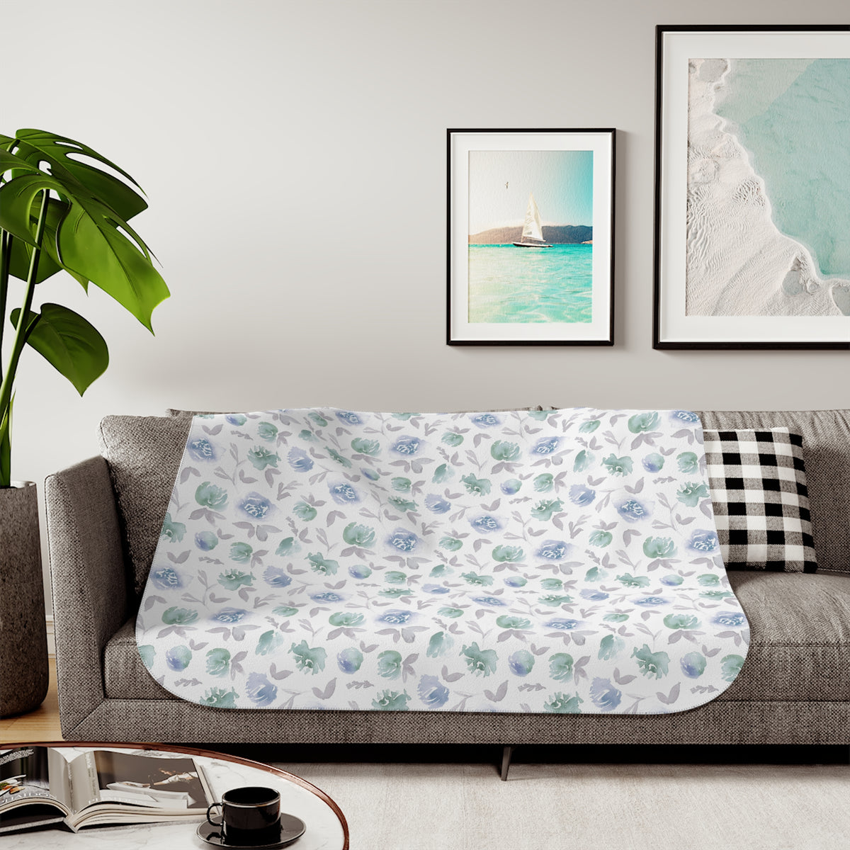 Blue Mint Watercolor Rosette Sherpa Blanket | Soft Floral Throw