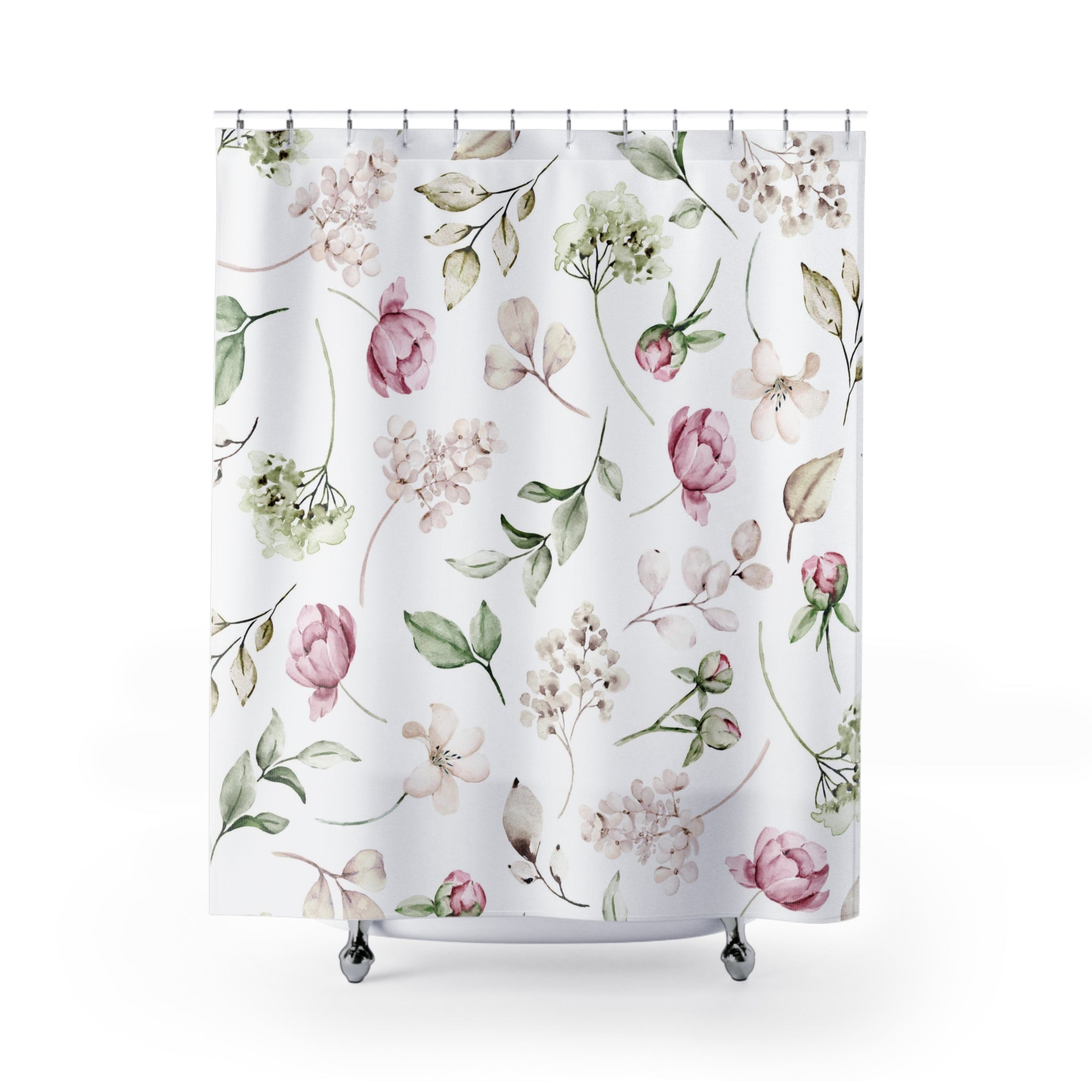 Boho Floral Shower Curtain | White Sage Green, Blush Pink Peonies