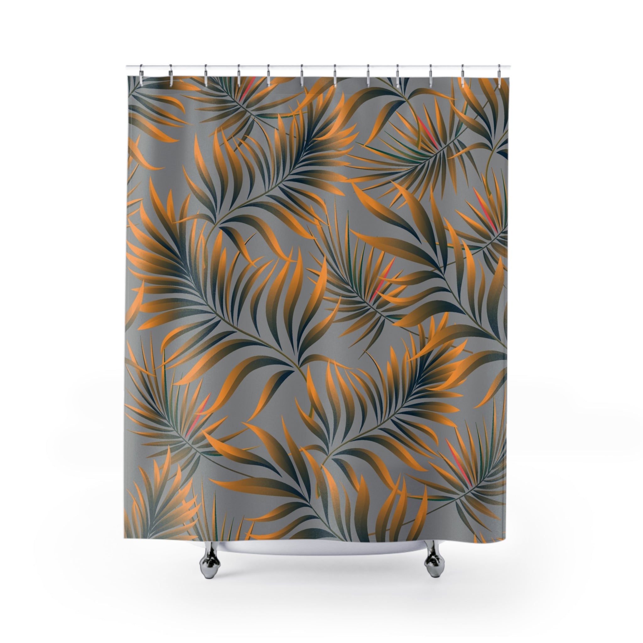 Orange Grey Palm Leaf Shower Curtain, Flowy Polyester Bath Curtain 71x74