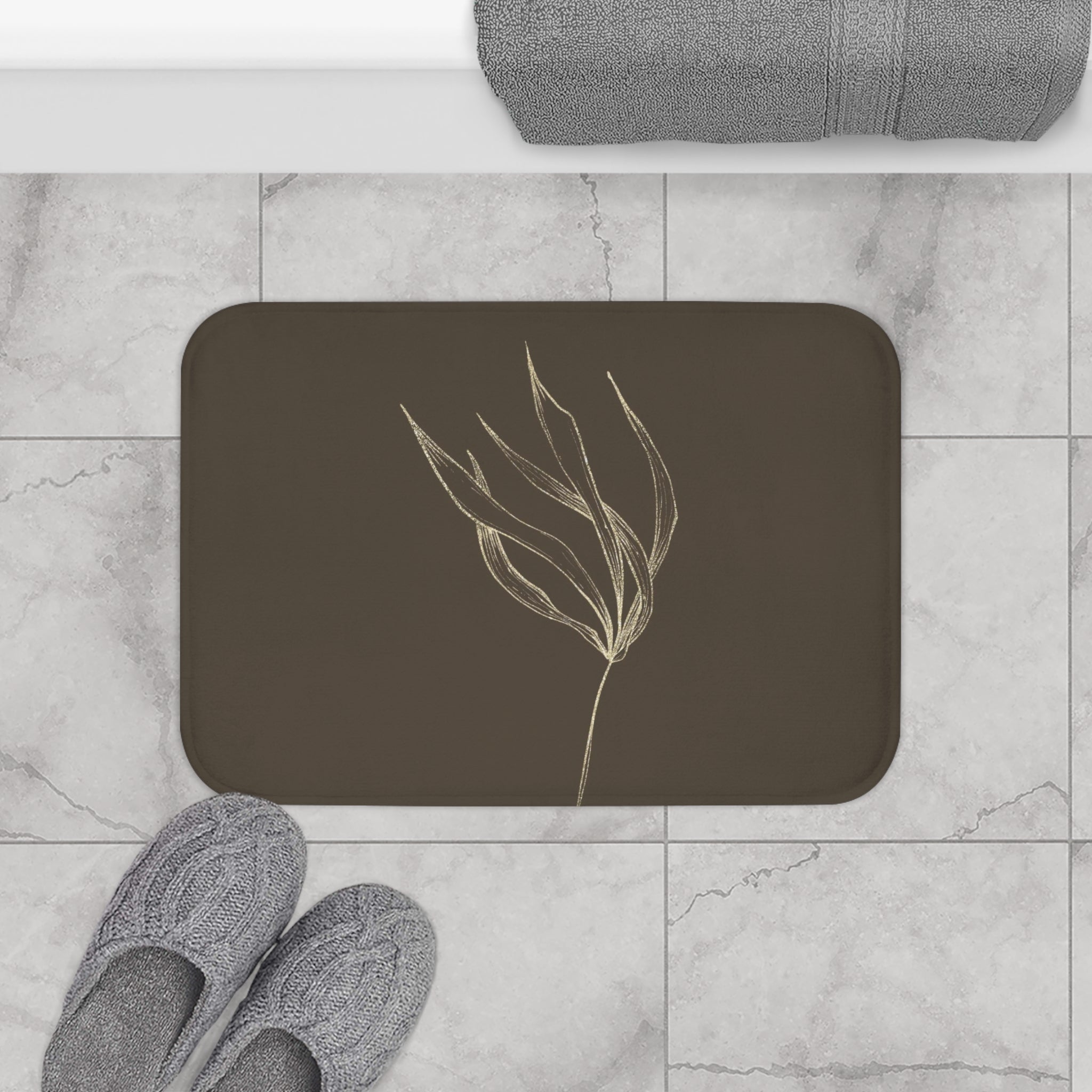 Floral Boho Bath, Kitchen Mat, Rug | Dark Brown Beige Gold Leaf