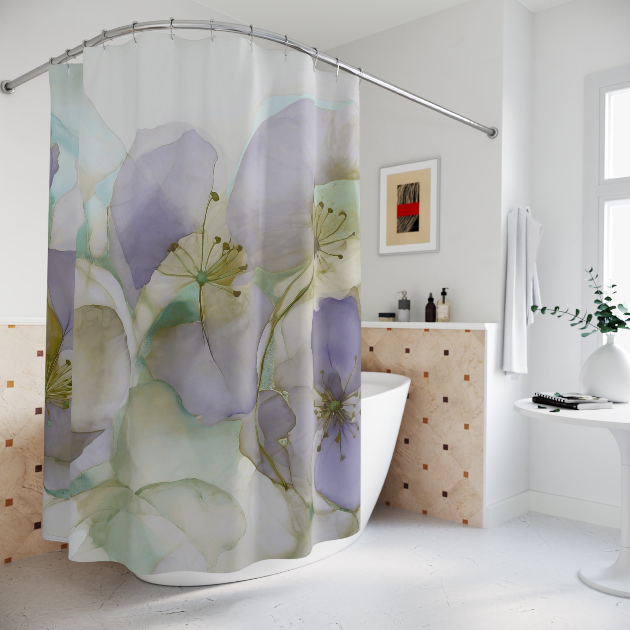 Abstract Shower Curtain | Artsy Floral Lavender Purple, Sage Green