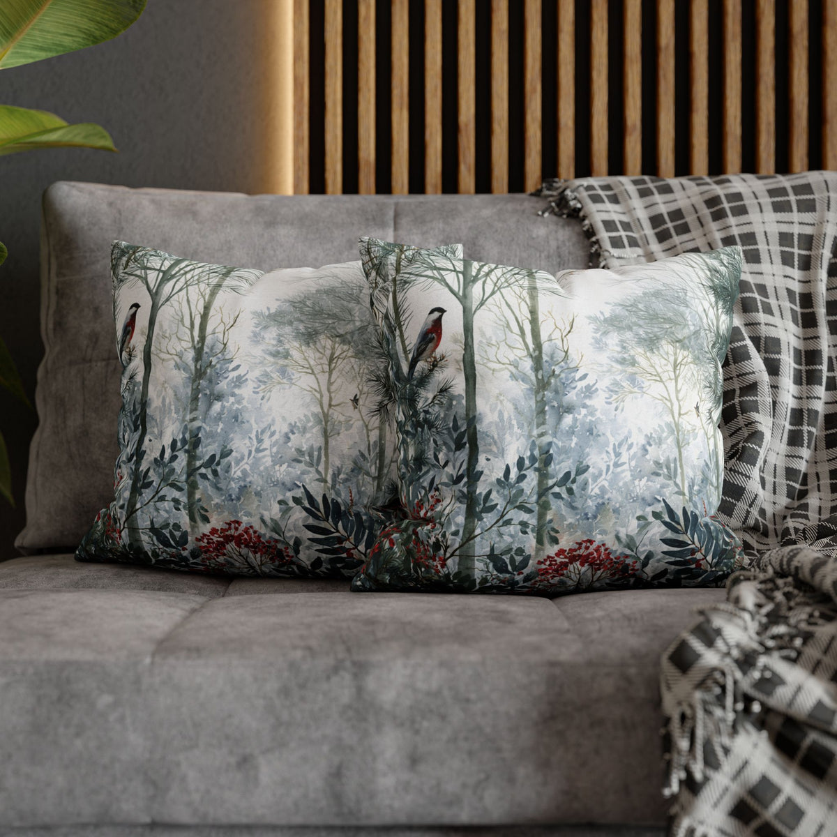 Forest Bird Pillow Cover | Green Teal Red Berry Woodland Pillowcase