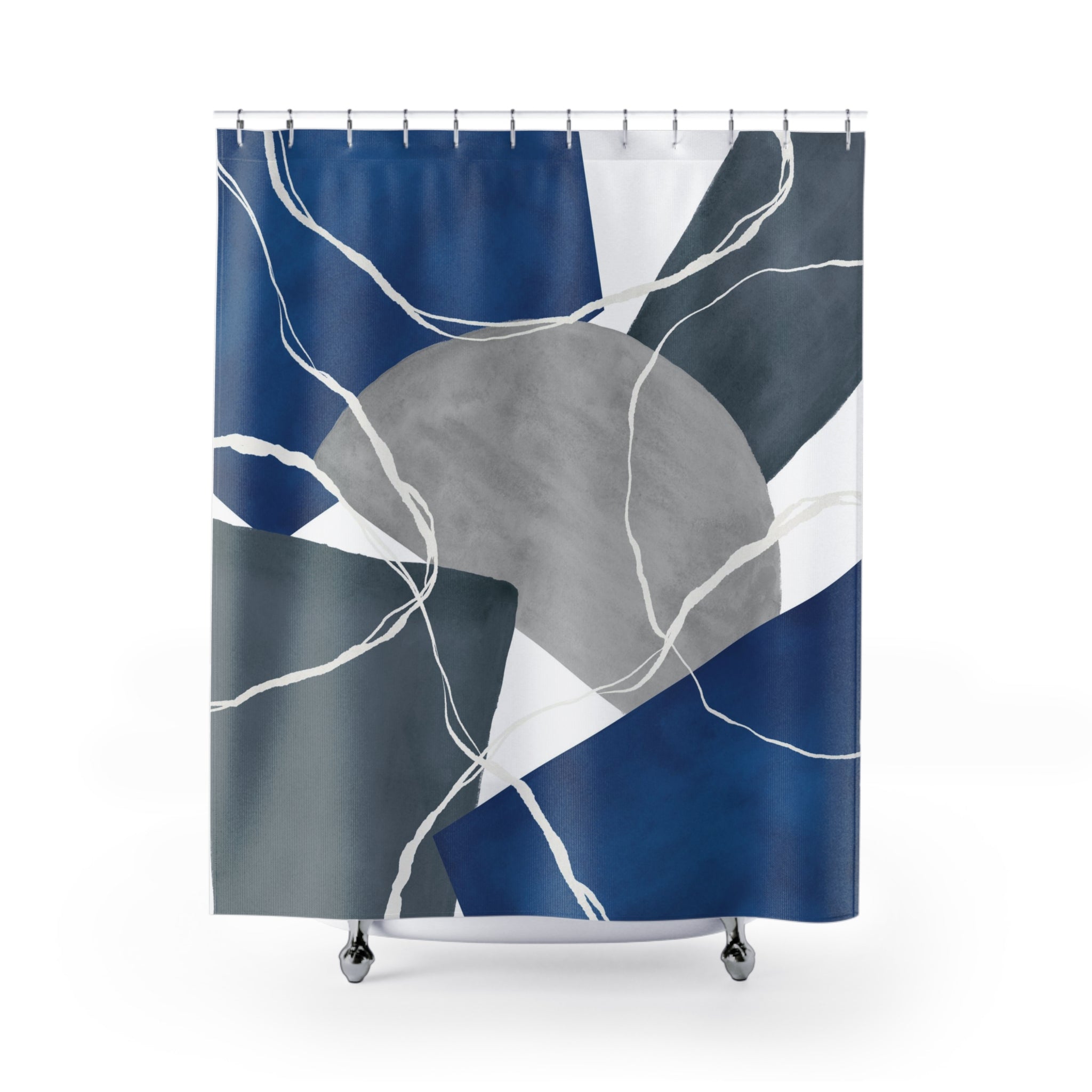 Modern Abstract Art Shower Curtain | Colorful Steel Grey, Indigo Blue White