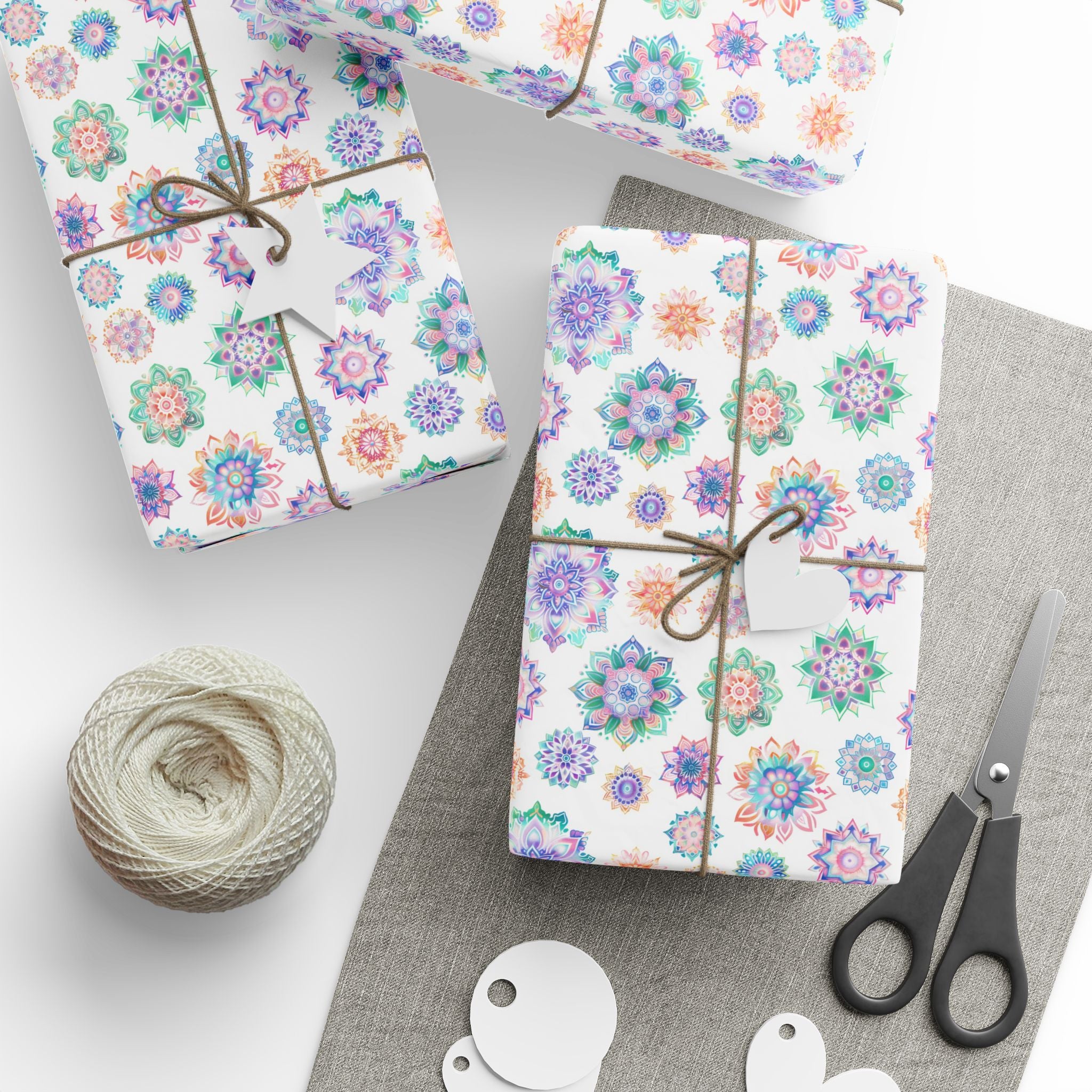 Mandala Wrapping Paper | White Colorful Gift Wrap for the Holidays, Birthdays