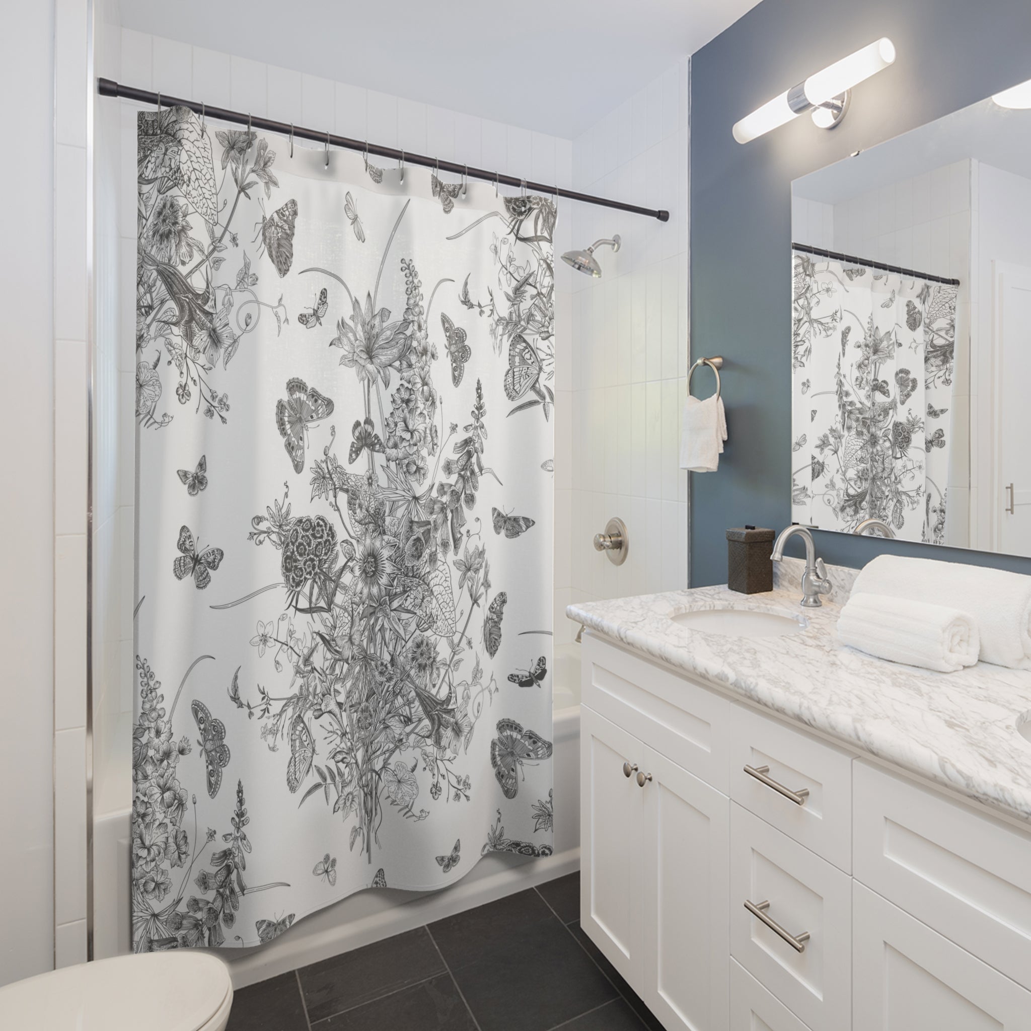 Vintage Shower Curtain | Black Grey White Chinoiserie Floral