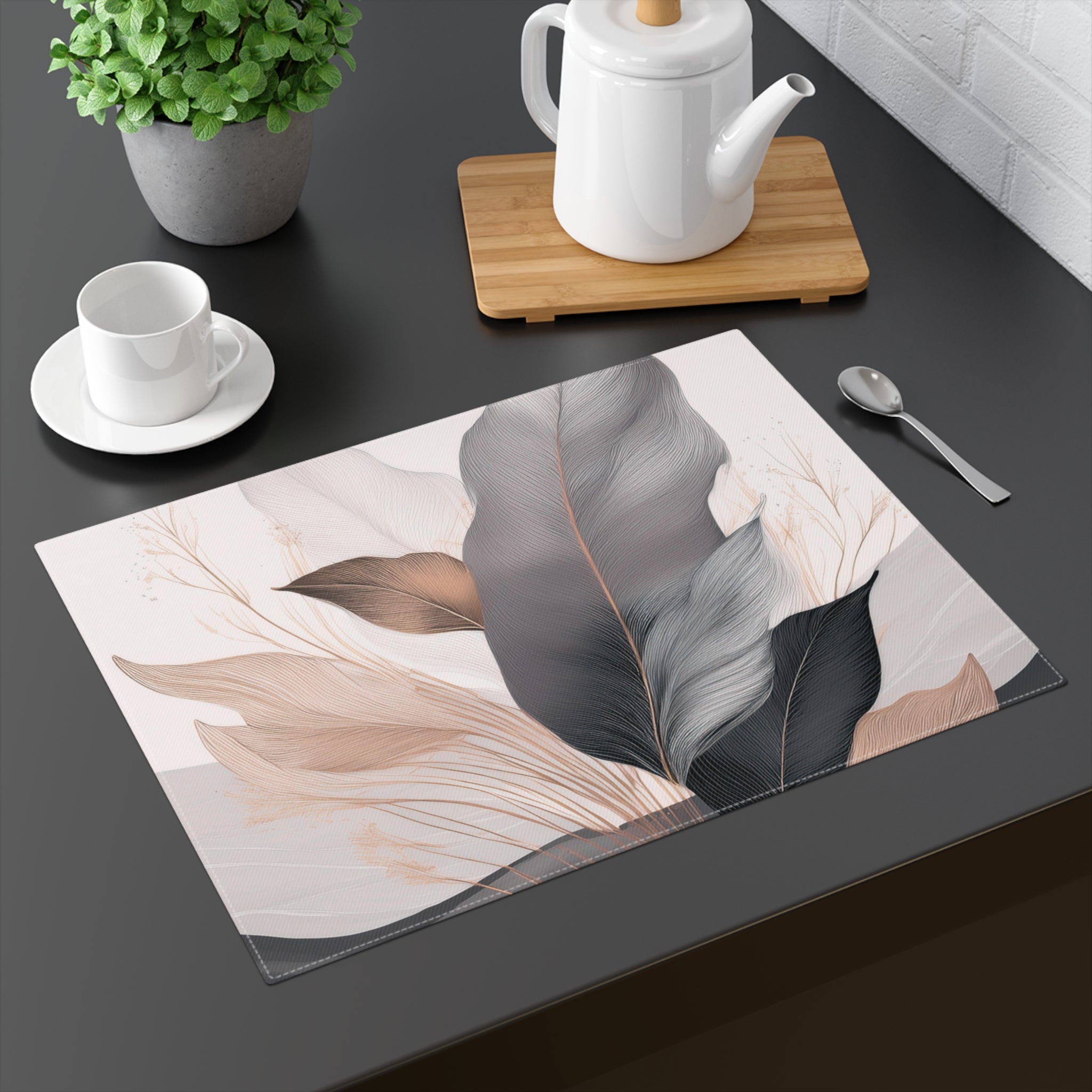 Placemat - Floral Dining Table Placemats, Watercolor Black Grey Beige