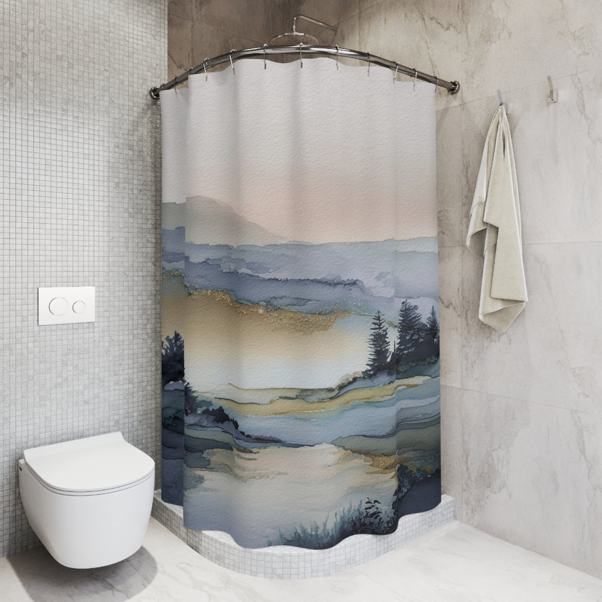 a bathroom with a shower curtain that depicts a serene landscape, including mountains, trees, and a body of water. The shower curtain is hanging from a rod, and there is a towel hanging on the wall next to it. The bathroom has a white toilet and a tiled wall, creating a clean and modern aesthetic.