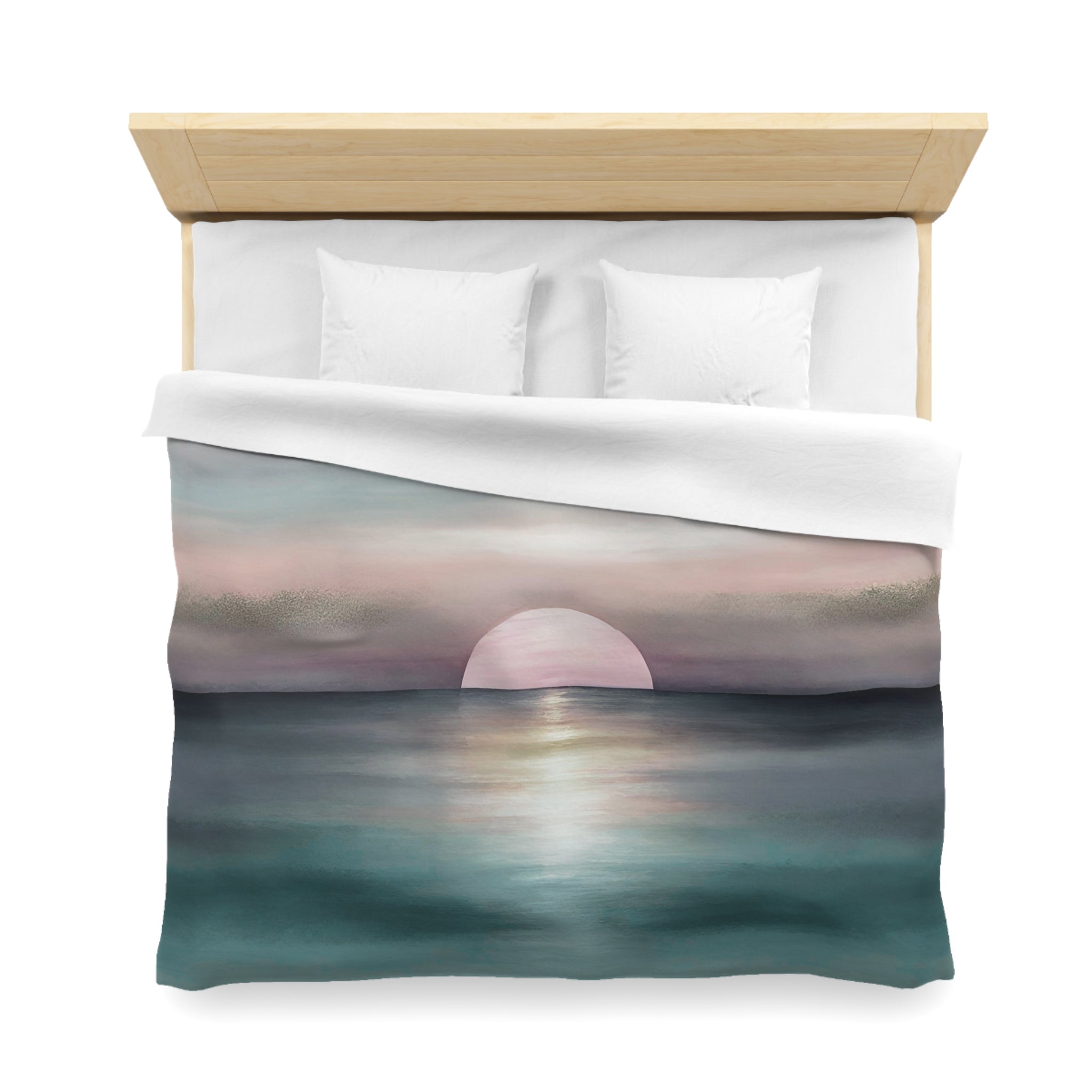 Abstract Ocean Duvet Pillow Cover Set | Teal Green Blue, Pink Sun