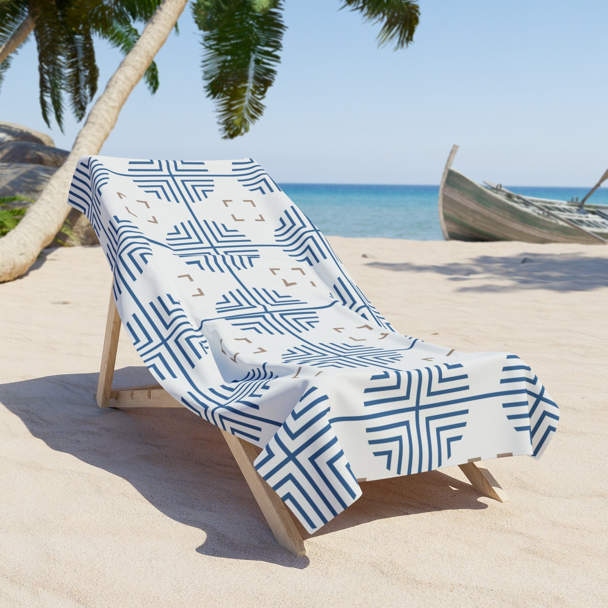 Retro Bath, Beach Towel | Art Deco Blue, White, Beige