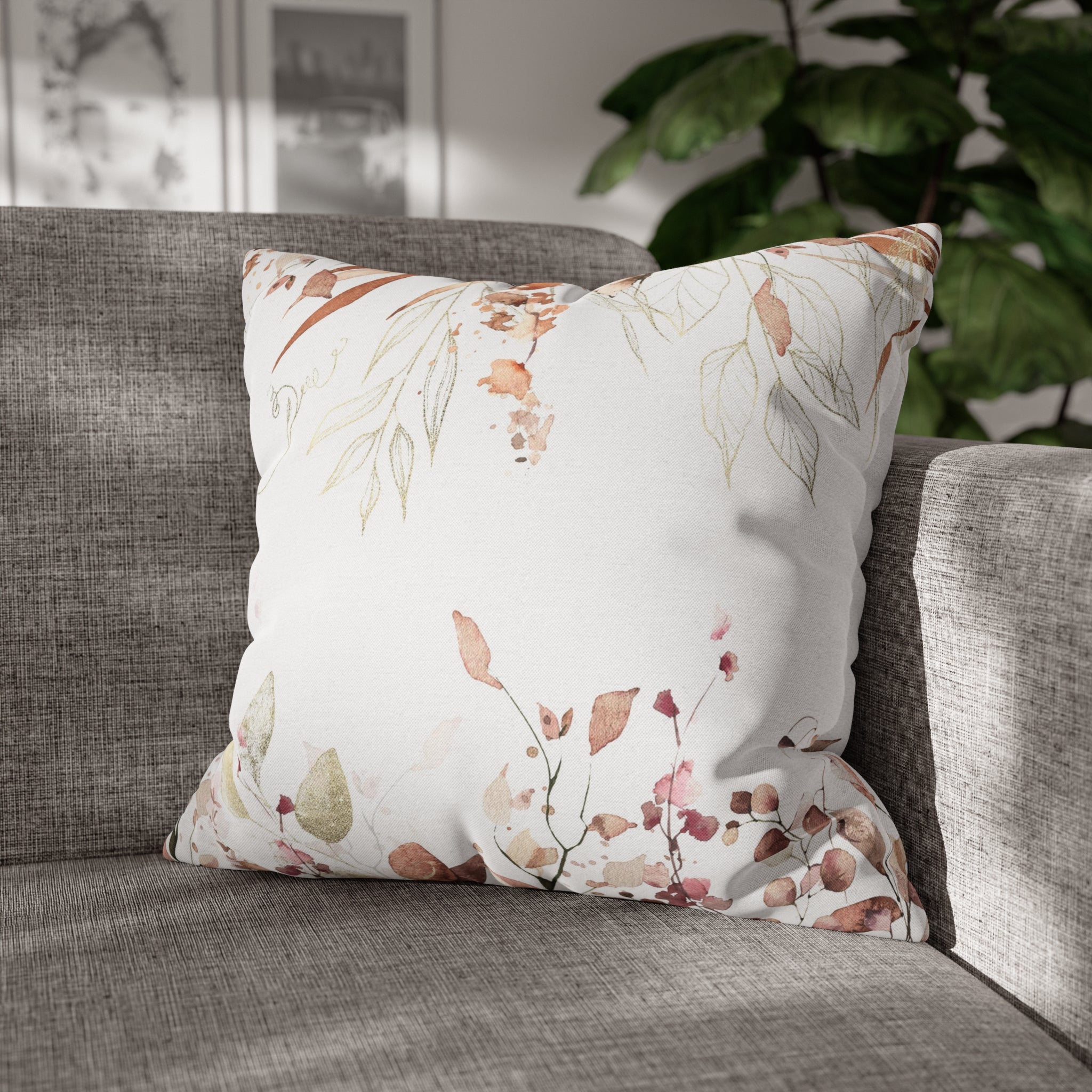 Floral Pillow Cover | White Beige Monstera Leaves