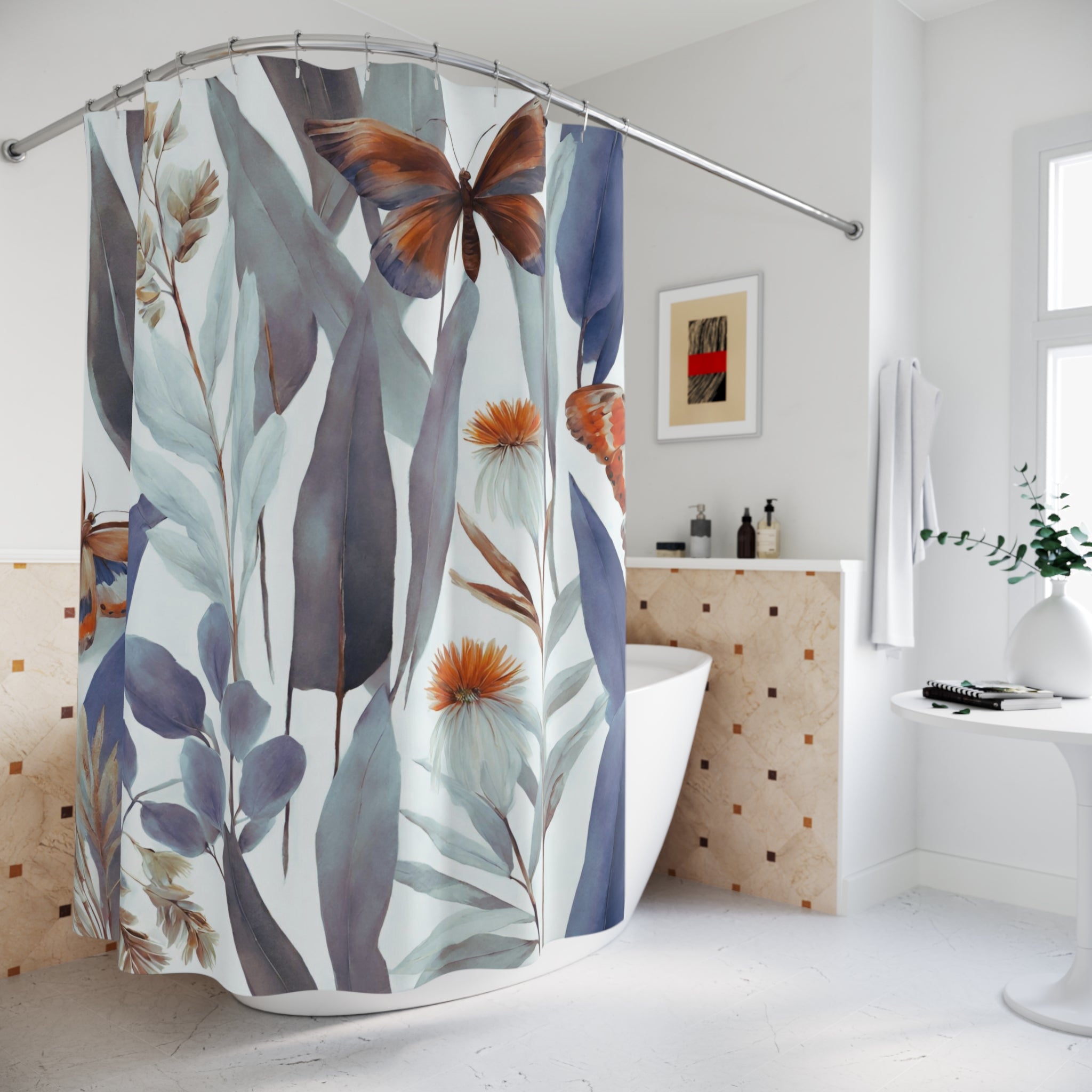 Boho Shower Curtain | Abstract Blue White, Orange Butterflies