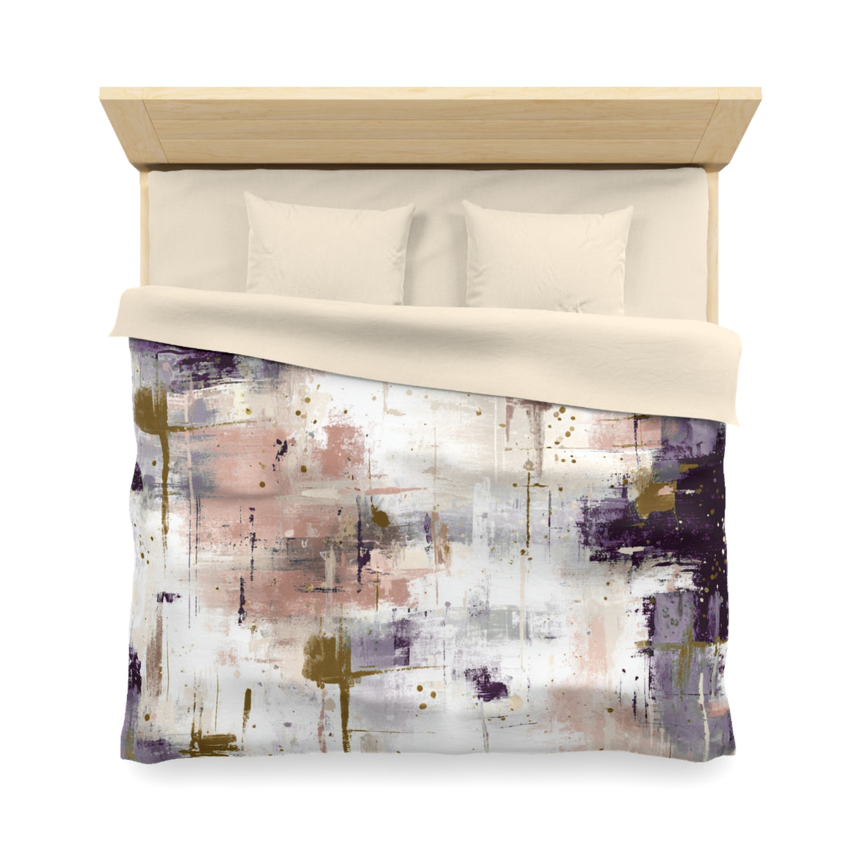 a bed with a white comforter and a colorful abstract painting on it.