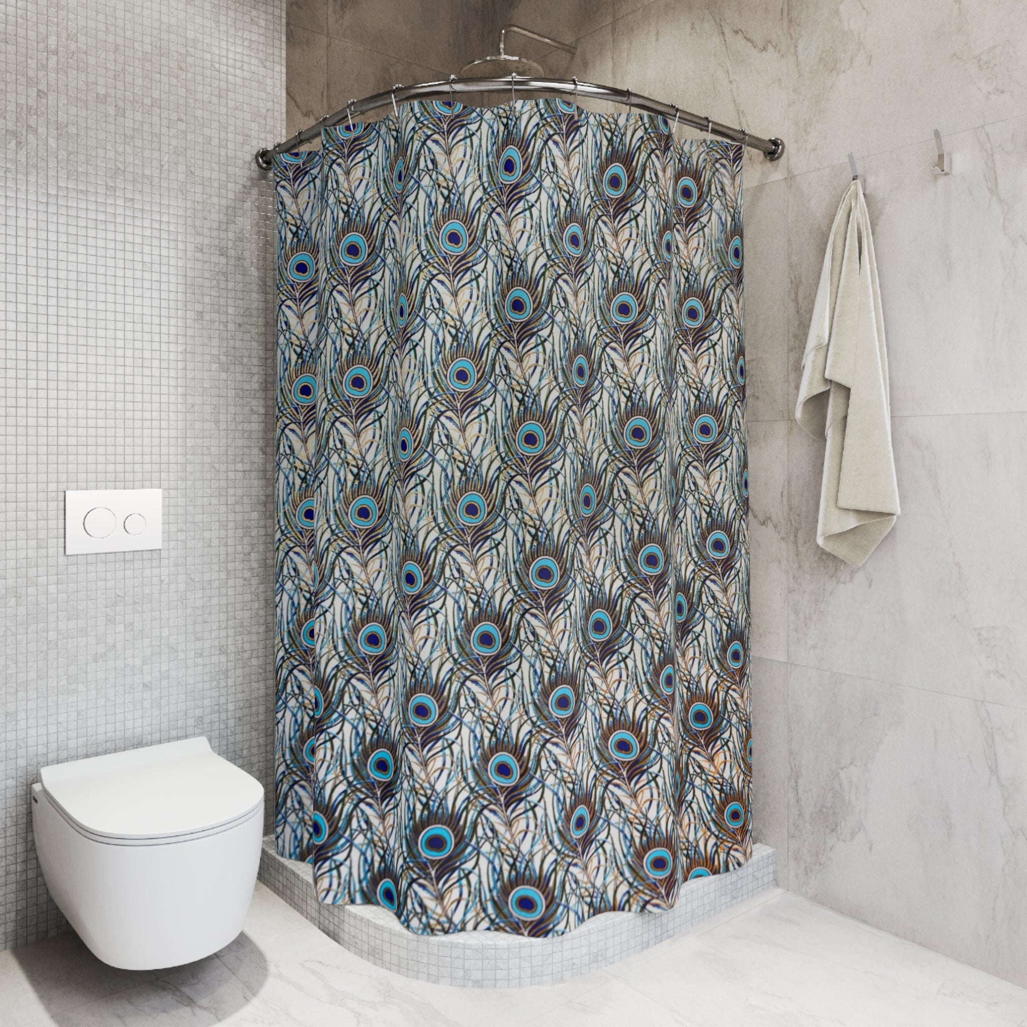 Feather Boho Shower Curtain | Blue Beige