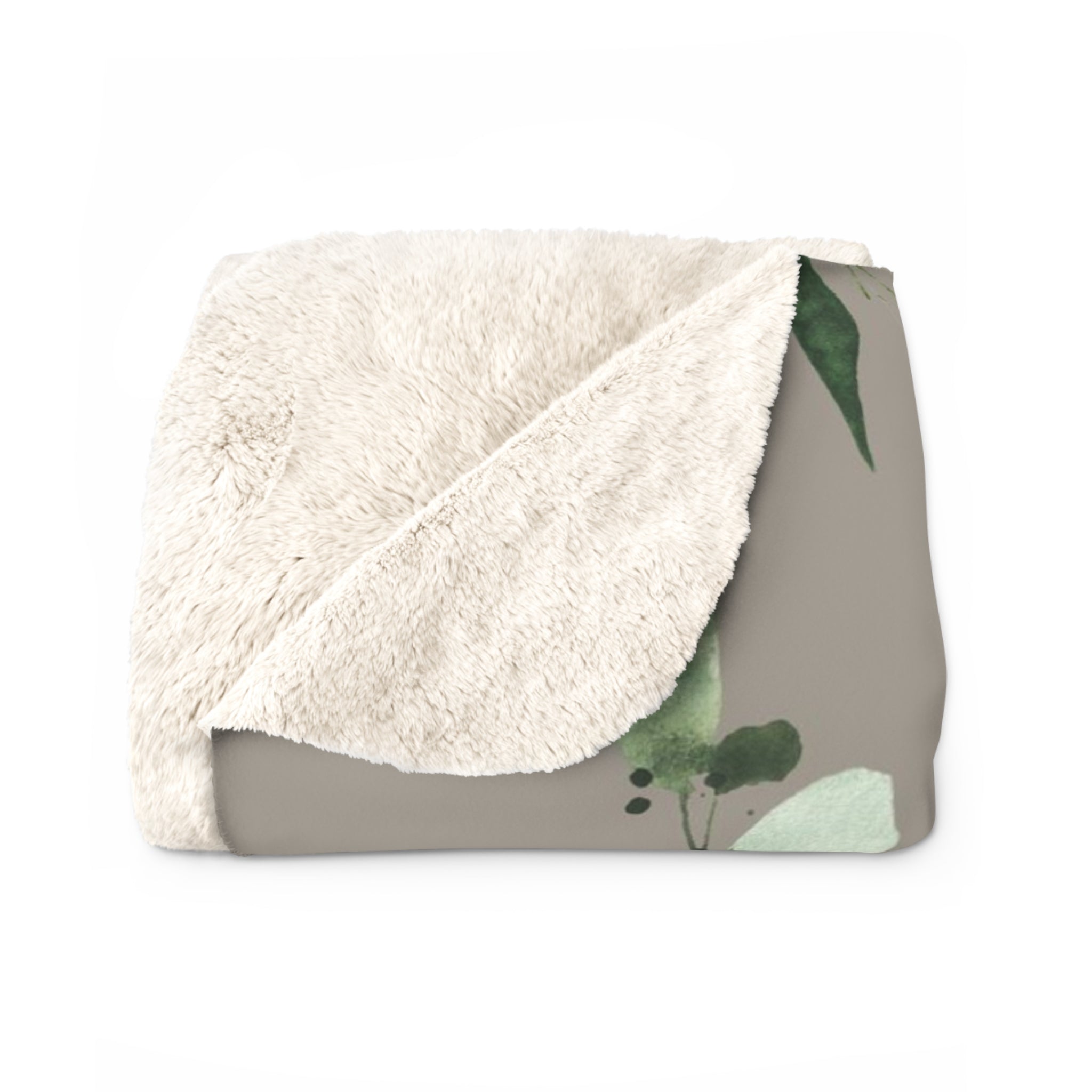 Floral Boho Comfy Blanket | Taupe Gray, Green Monstera Leaves