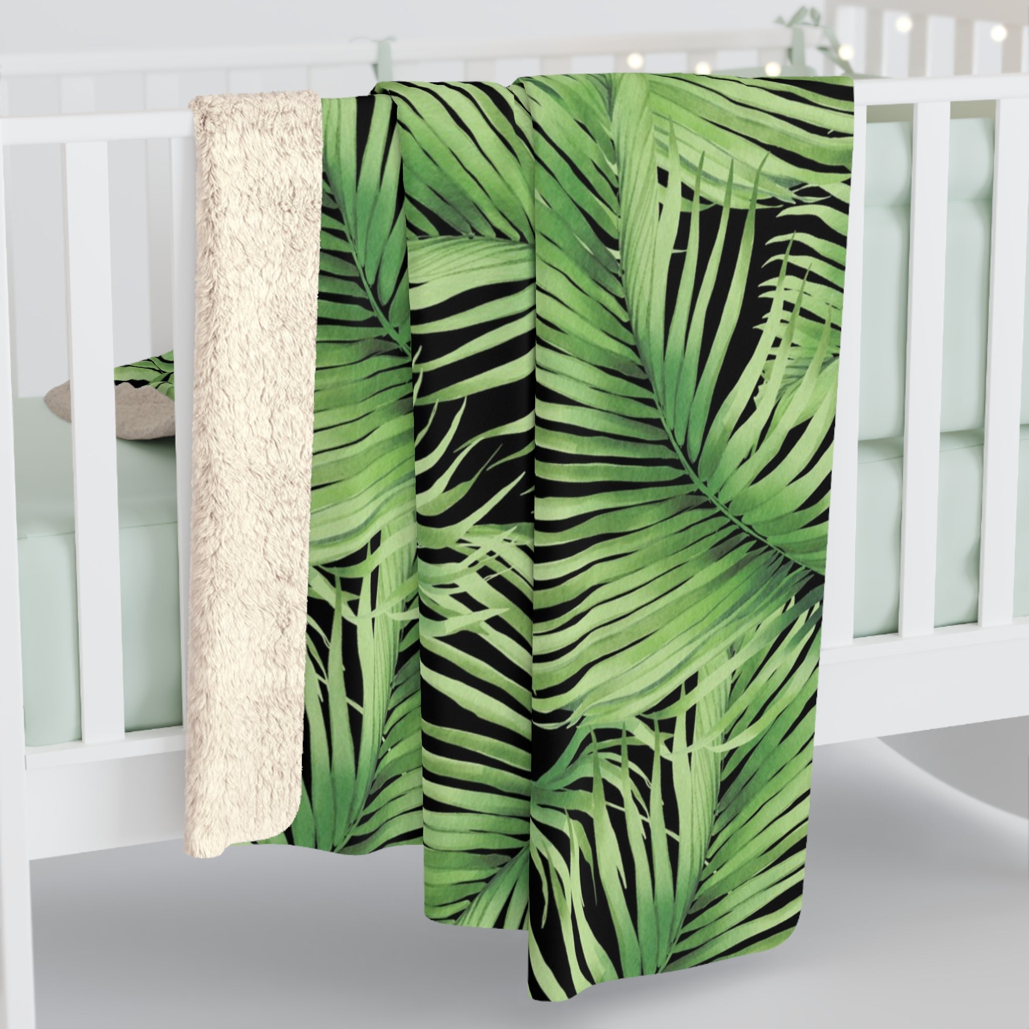 Floral Throw Blanket | Jungle Green Black Palm Leaves