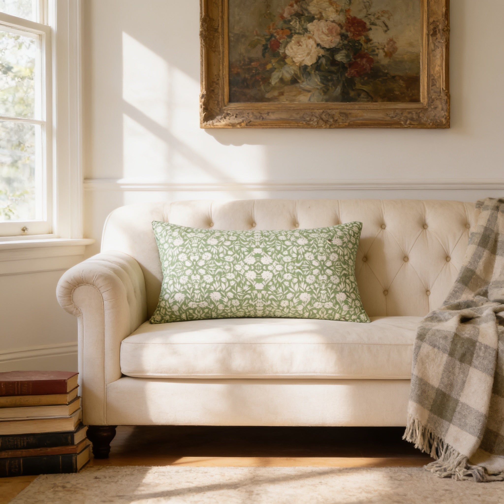 a cozy living room with a white tufted sofa adorned with a green and white patterned throw pillow. A stack of books is placed next to the sofa, and a framed painting of flowers hangs on the wall above it.