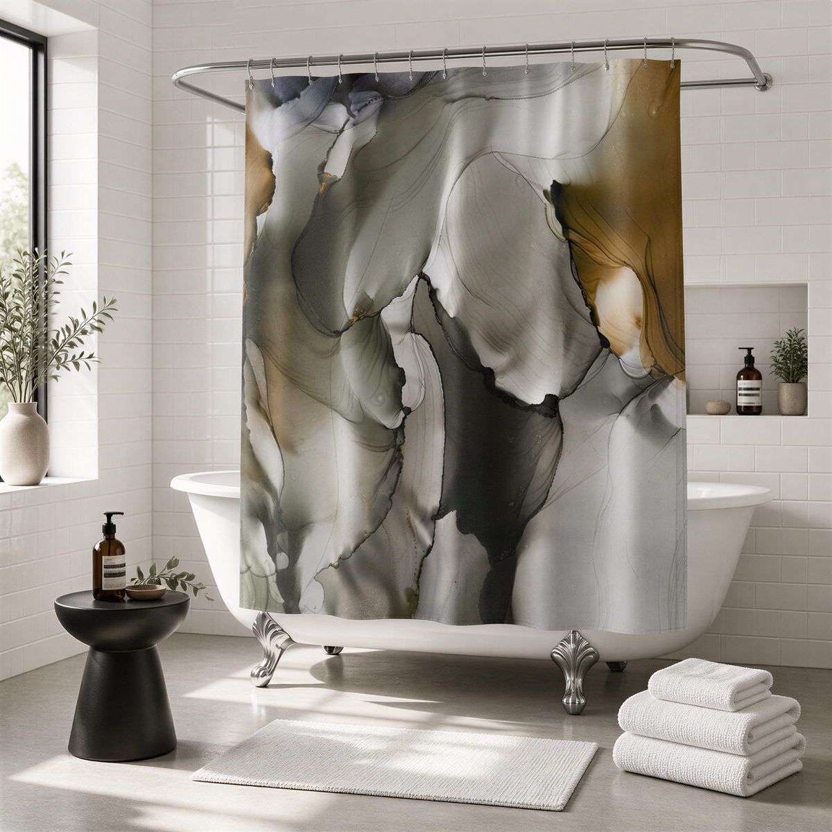 a modern bathroom with a white bathtub, a black stool, and a large abstract shower curtain with a mix of gray, white, and brown colors.
