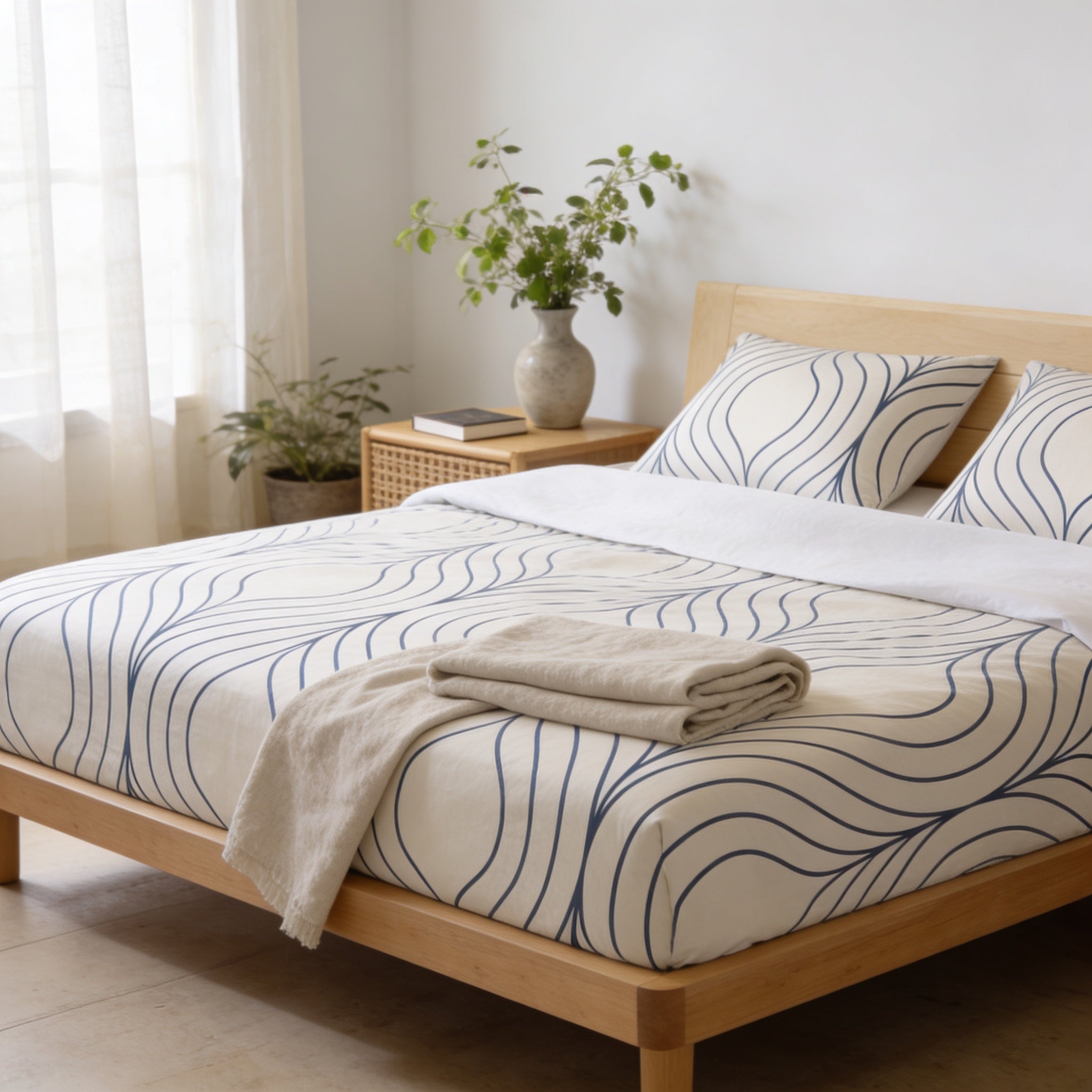 a serene and modern bedroom with a large bed featuring a blue and white wave-patterned comforter and pillows. The bed is set against a white wall, and a wooden nightstand with a vase of greenery and a book is nearby. The room has a minimalist and clean design, with a focus on natural elements and a sense of tranquility.