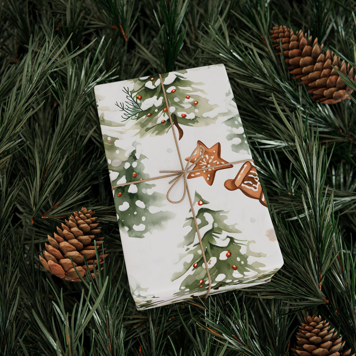 Snowy Pine Tree Gingerbread Christmas Wrapping Paper, Gift Wrap