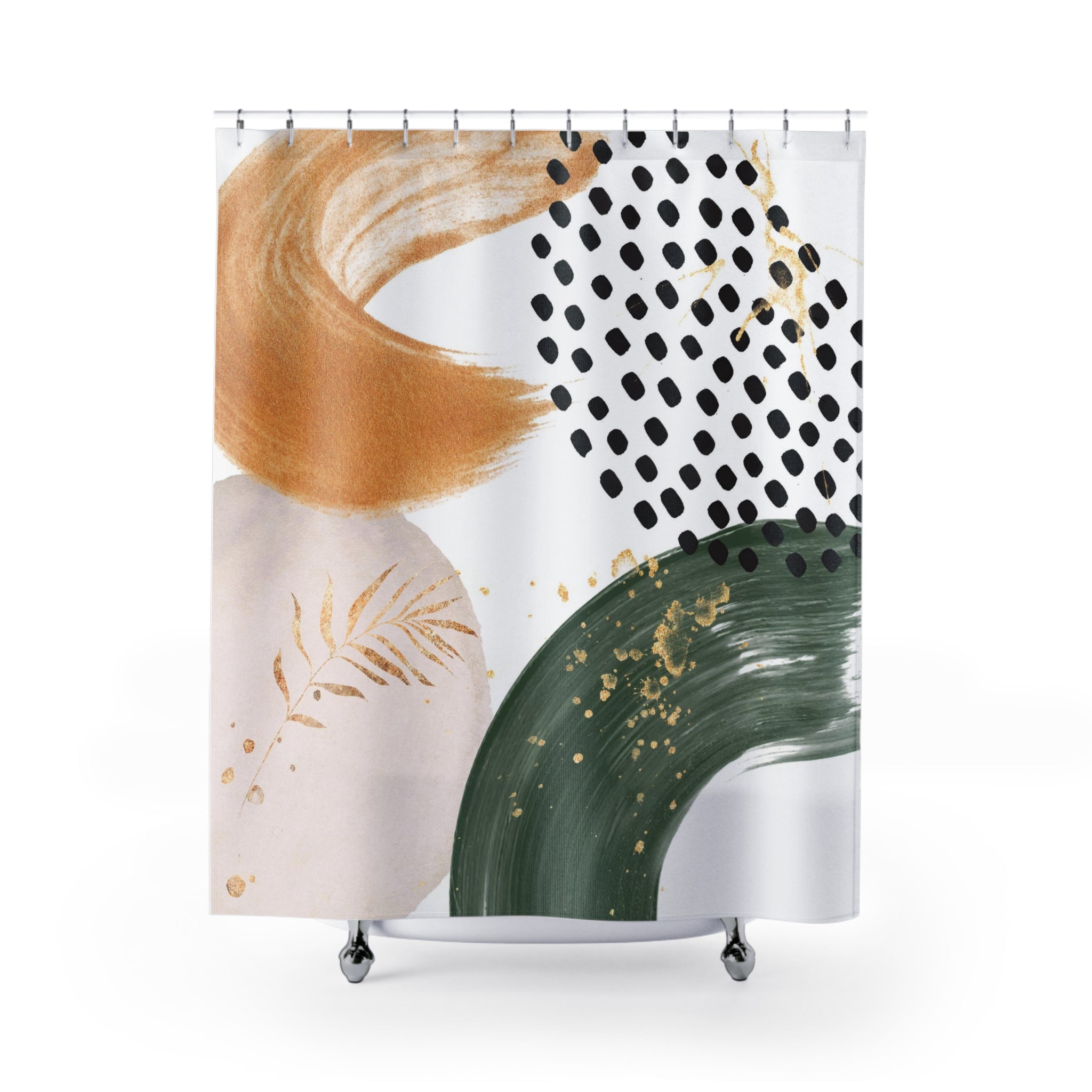 a white and green shower curtain
