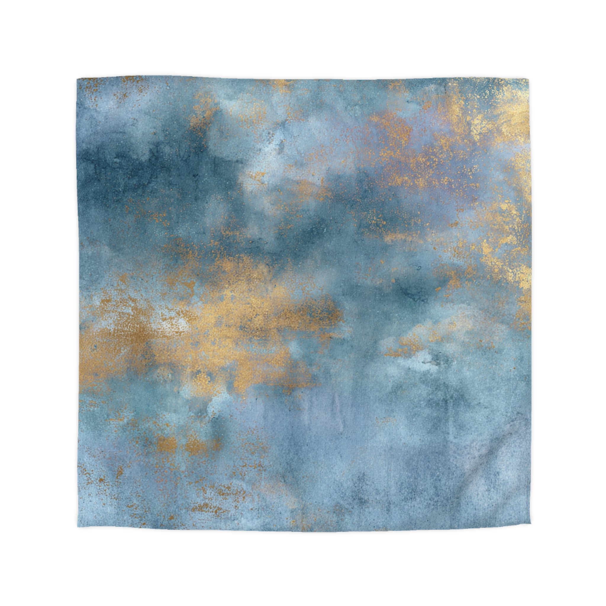 The image is a square with a textured, abstract background in shades of blue and gold.