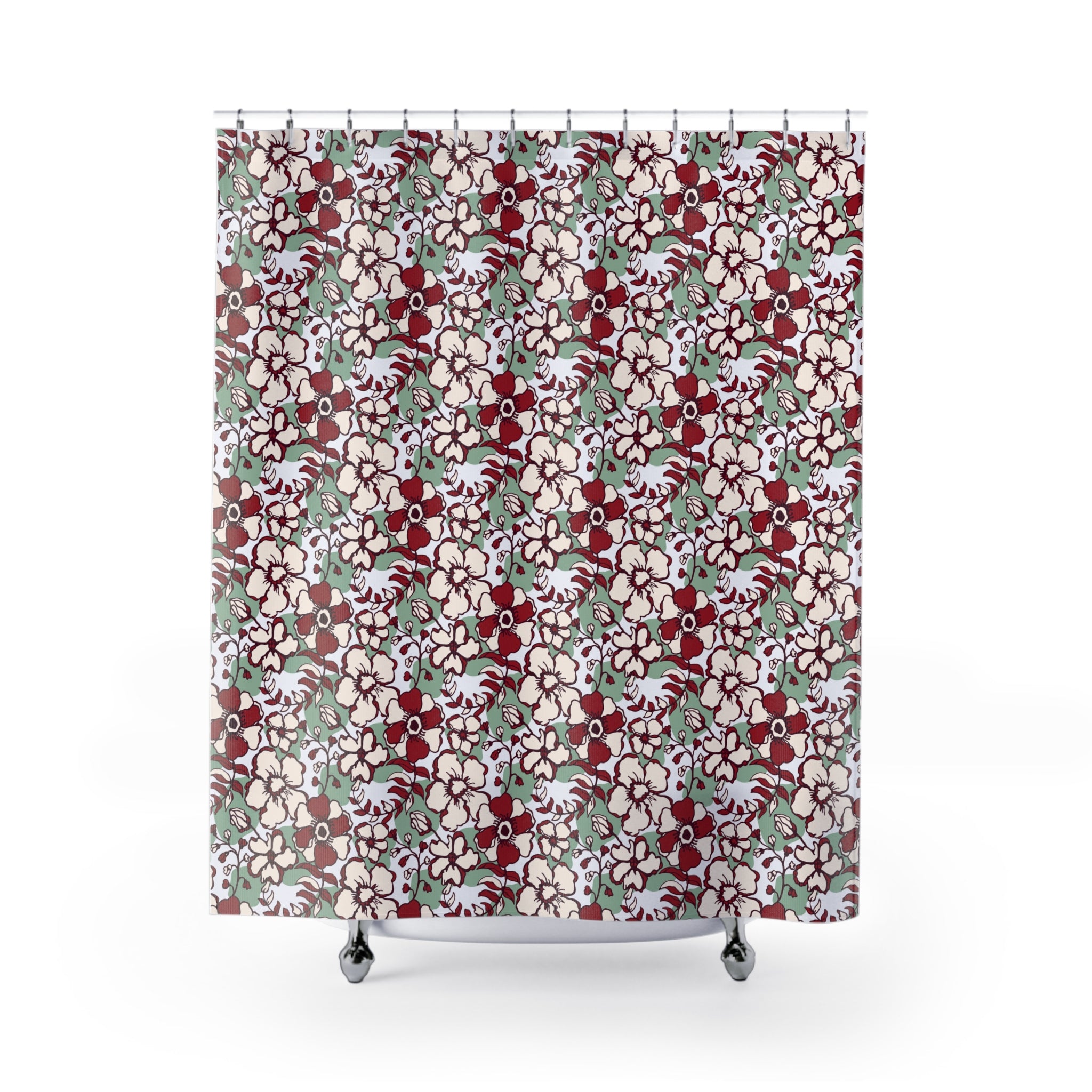 Boho Shower Curtain | Sage Green, Red White Floral