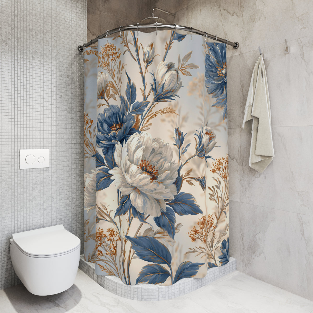 Blue Ivory Toile Floral Shower Curtain, Bath Curtain 71x74