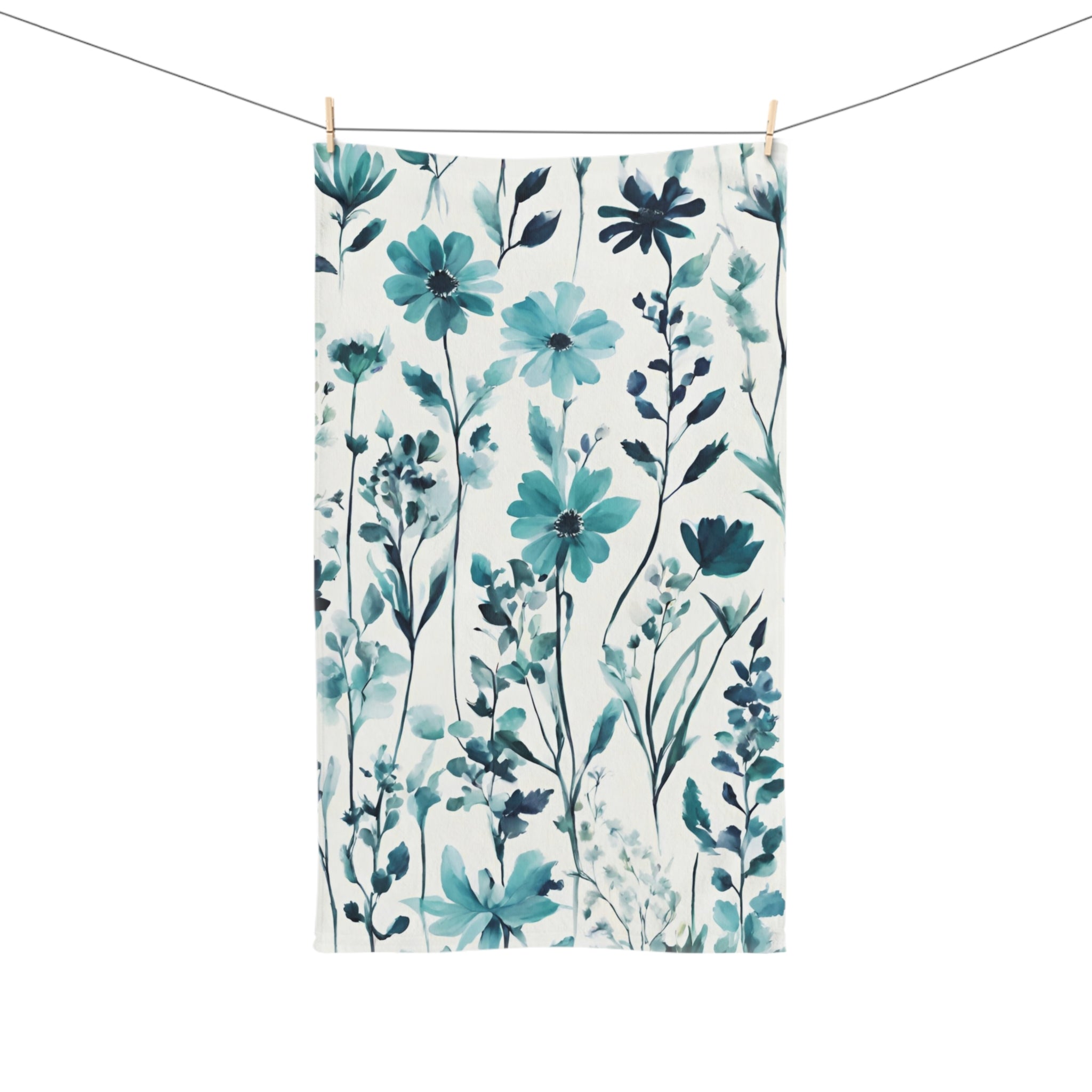 Floral Kitchen, Bath Hand Towel | Teal Green, Blue Wildflowers