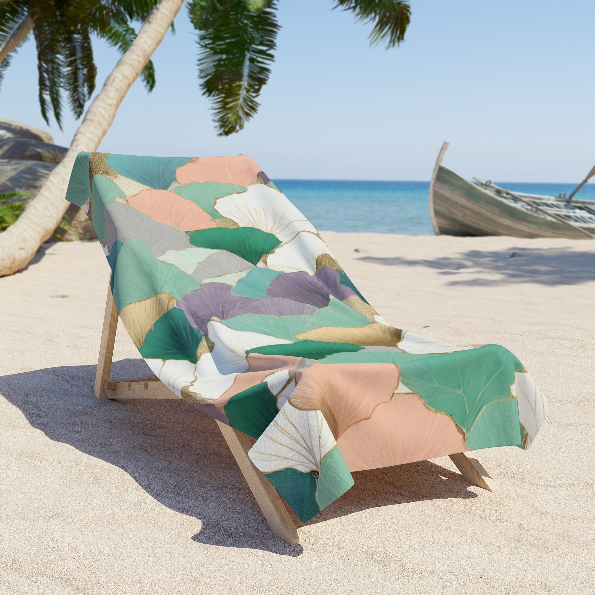 Floral Boho Bath Beach Towel | Teal Green Pink Gingko Leaves