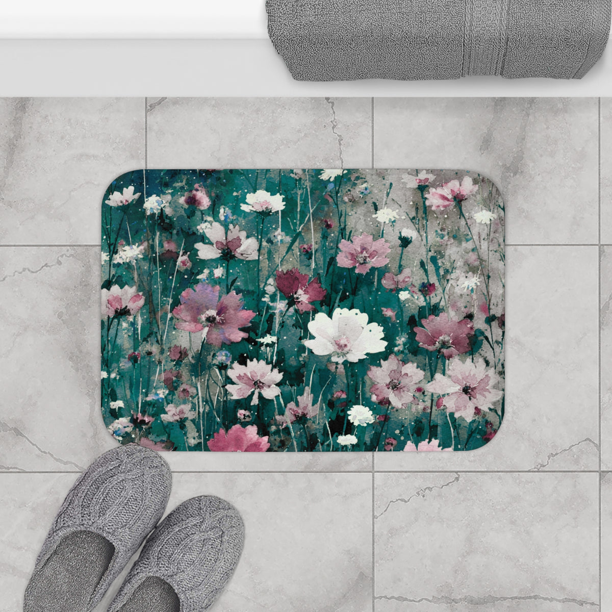 Teal Pink Cosmos Meadow Bath Mat, Kitchen Mat