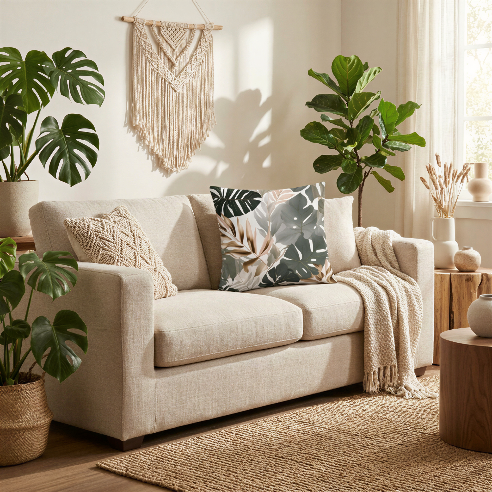 a cozy living room with a beige sofa adorned with throw pillows and a blanket, complemented by a hanging macrame wall decoration and lush green plants.