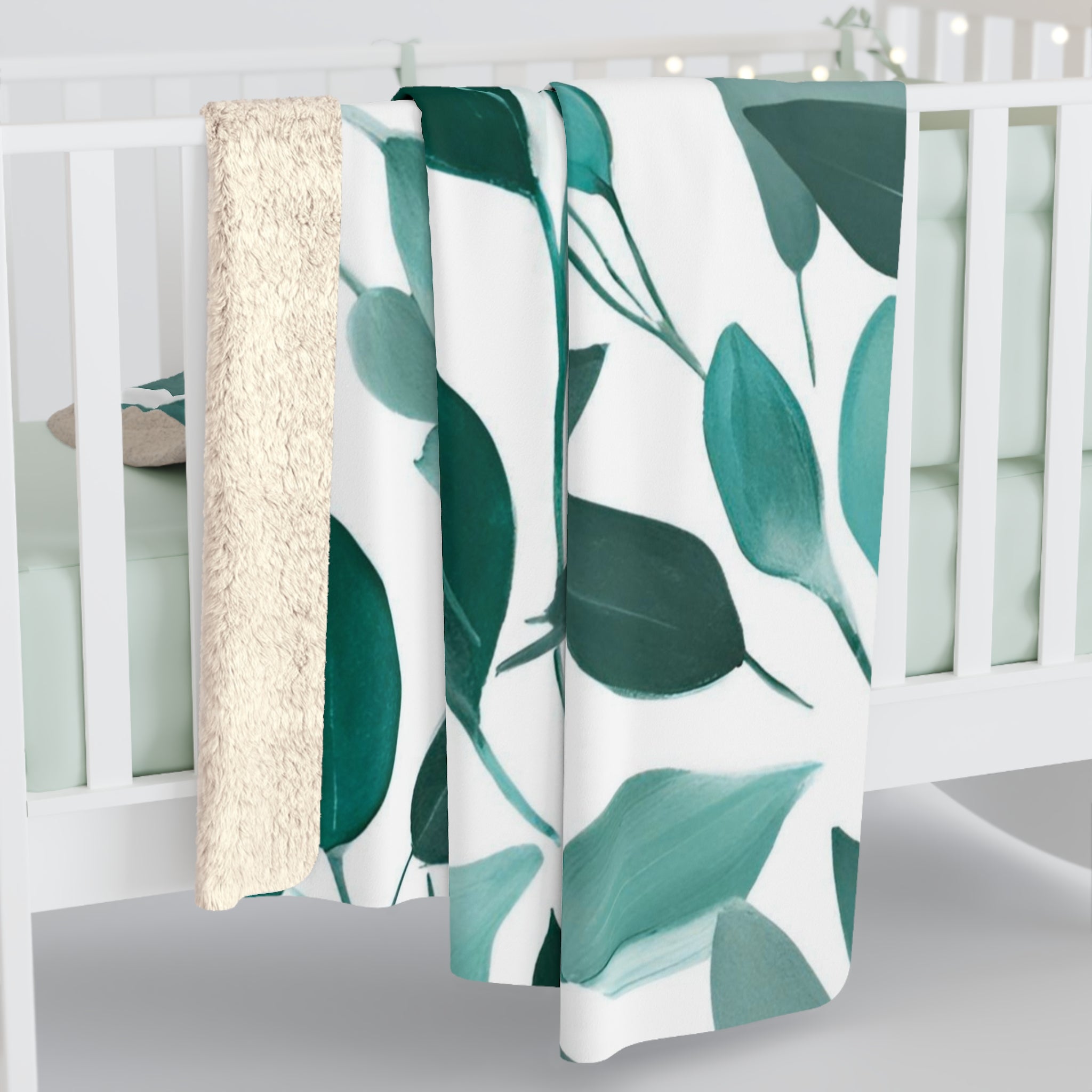 Floral Throw Blanket | White Mint Teal Green Leaves
