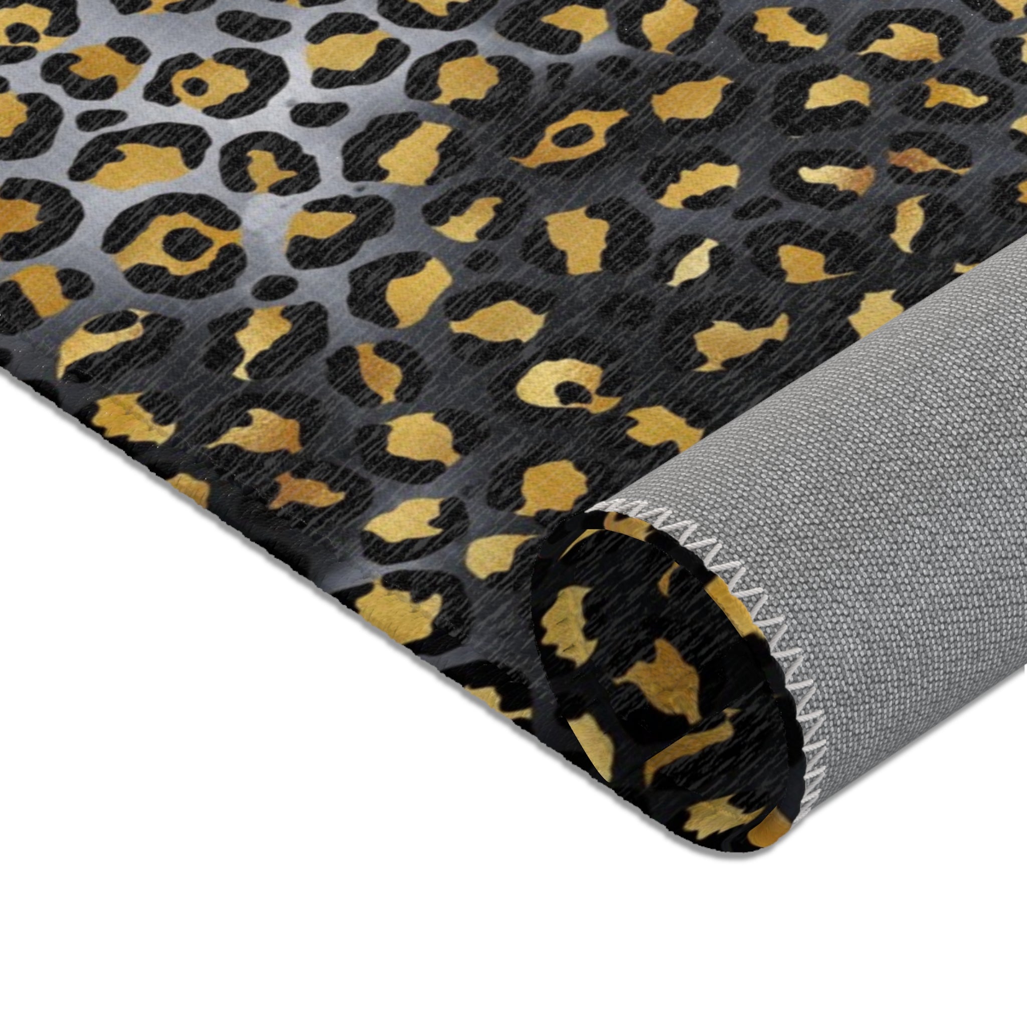 Boho Area Rug | Grey, Black Beige, Muted Gold Leopard