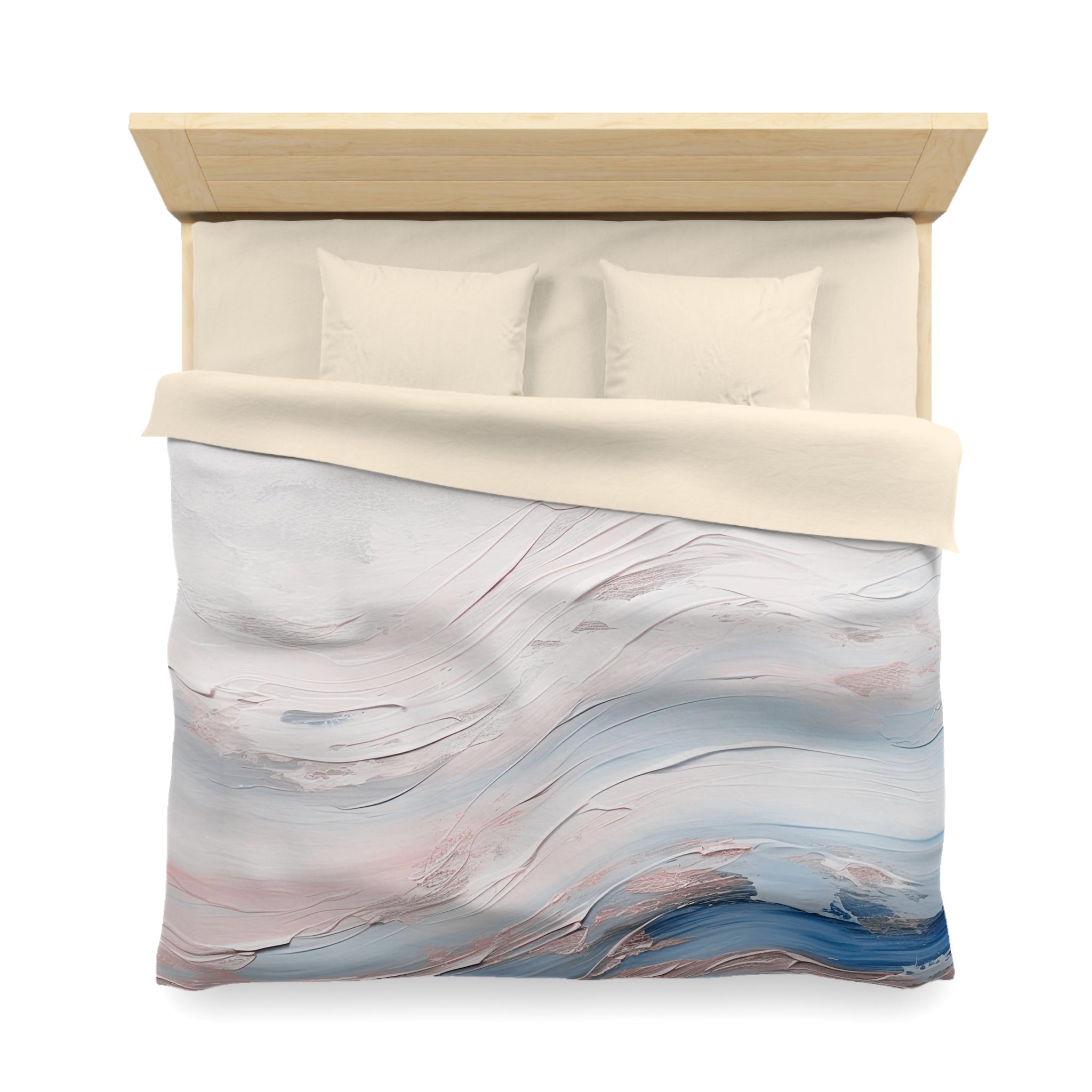 a neatly made bed with a white comforter and a colorful abstract pattern on the bedspread.