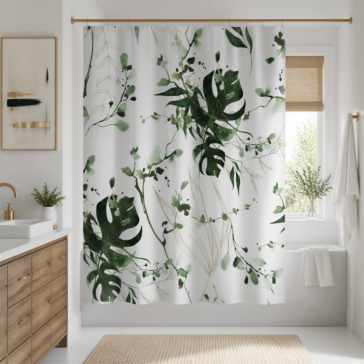 a bathroom with a shower curtain adorned with a green leaf pattern. The curtain is hanging from a rod, and there is a window nearby. The bathroom also includes a sink and a towel rack.