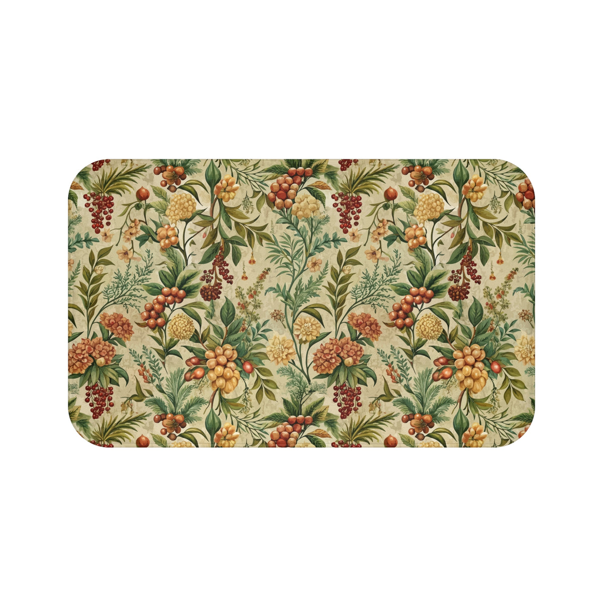 a repeating pattern of various fruits and flowers, including grapes, berries, and leaves, arranged in a visually appealing and colorful manner.