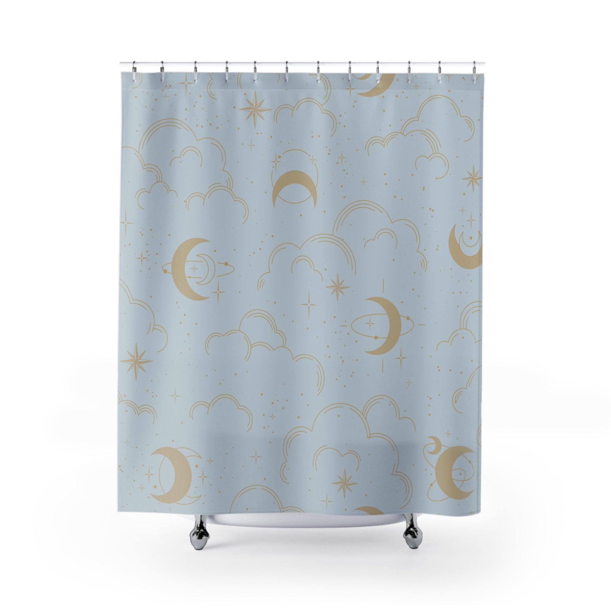 Boho Shower Curtain | Cosmic Moon Clouds, Powder Blue Beige