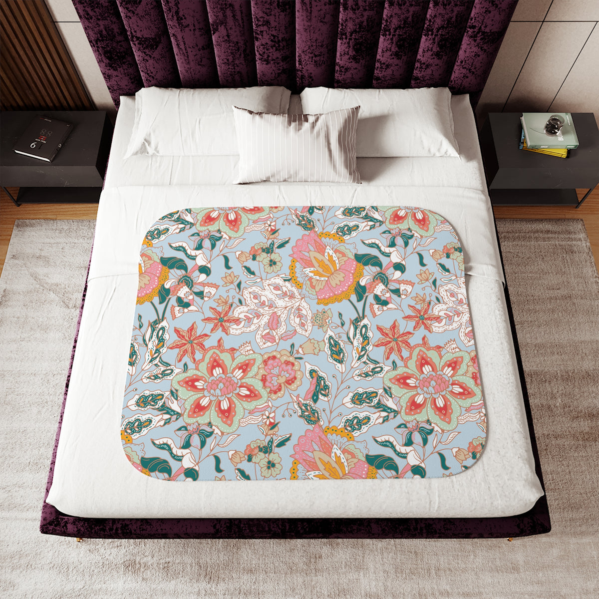 Coral Teal Jacobean Floral Sherpa Blanket | Light Blue Throw