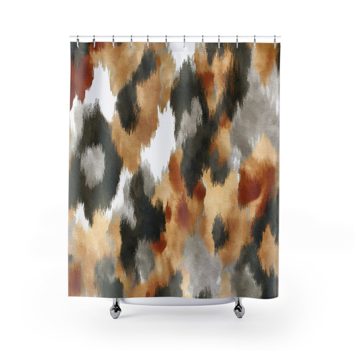 Rust Olive Abstract Ikat Shower Curtain, Bath Curtain 71x74