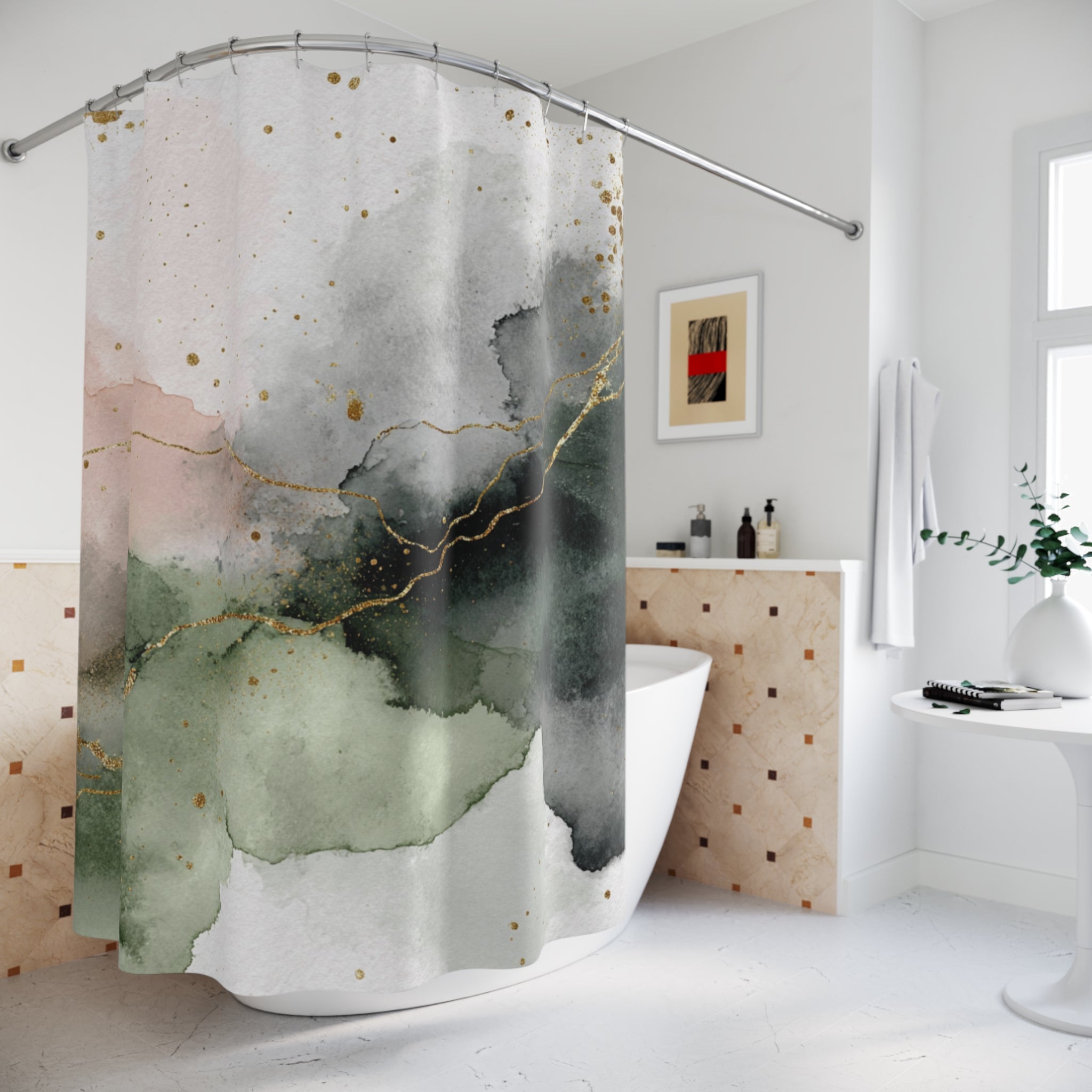 Shower curtain with abstract design in a bathroom setting