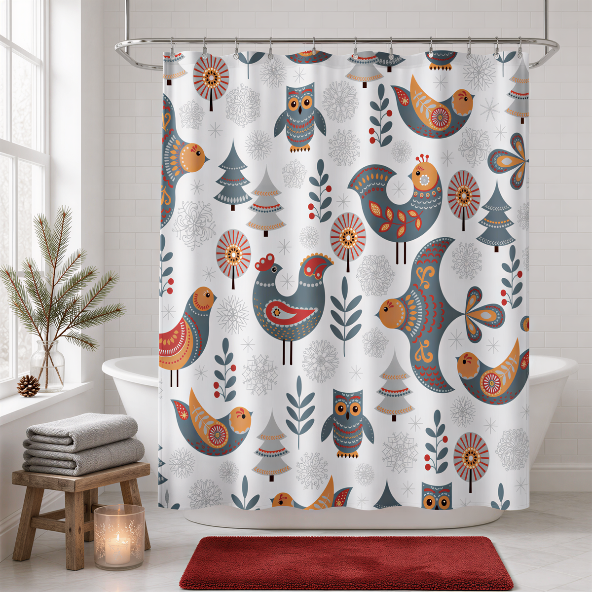 a bathroom with a shower curtain decorated with a pattern of colorful birds and snowflakes. The shower curtain is hanging from a rod, and there is a red rug on the floor in front of the shower.
