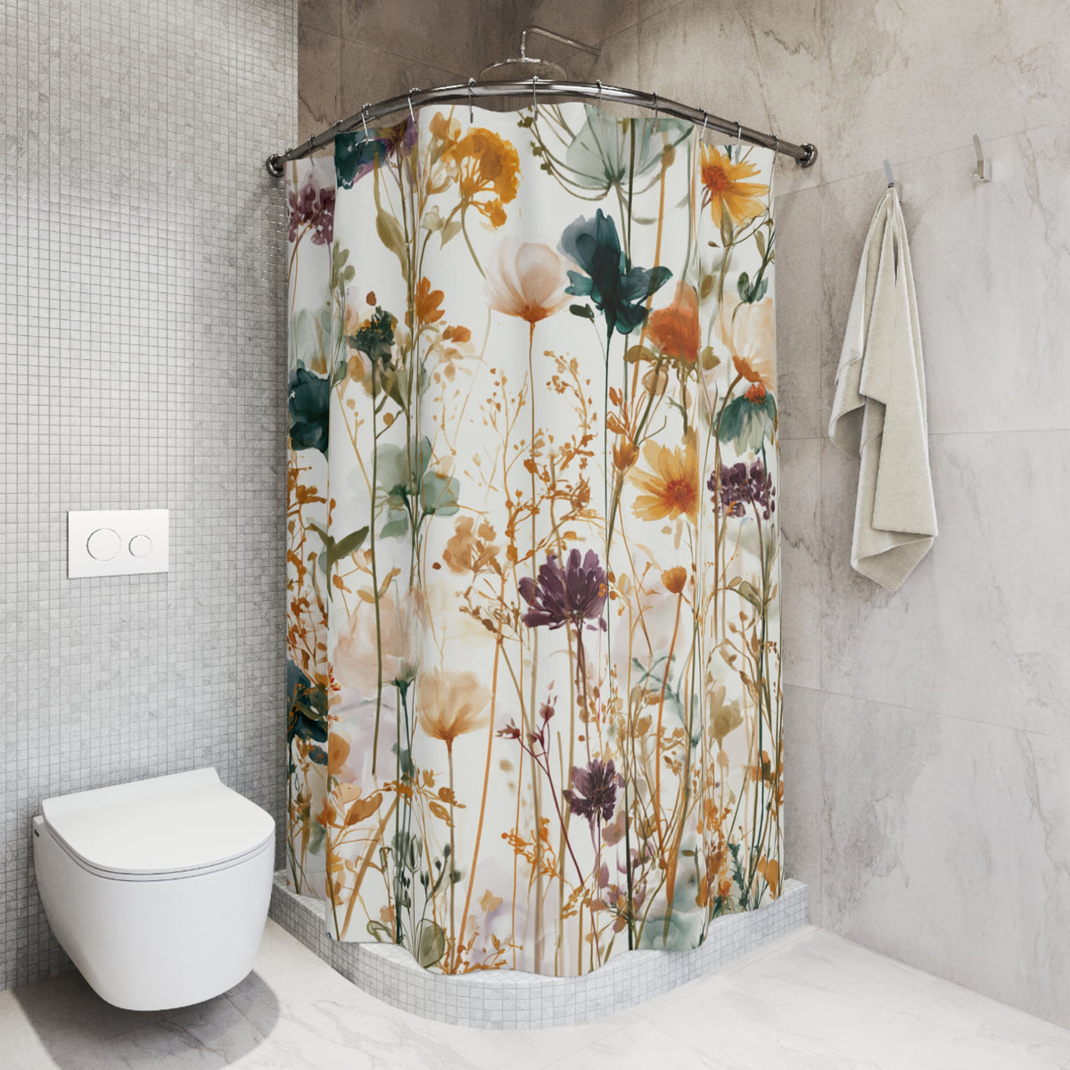 Teal Mustard Wildflower Meadow Shower Curtain, Bath Curtain 71x74