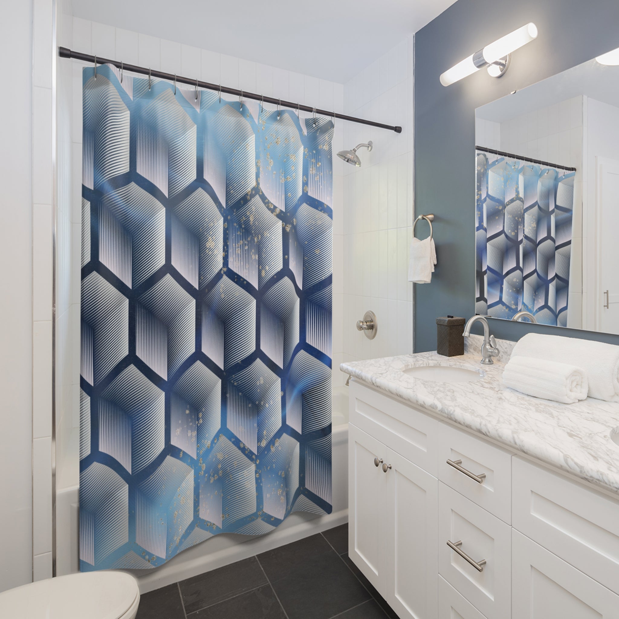 Sapphire blue and white geometric hexagon shower curtain shown in a bright bathroom