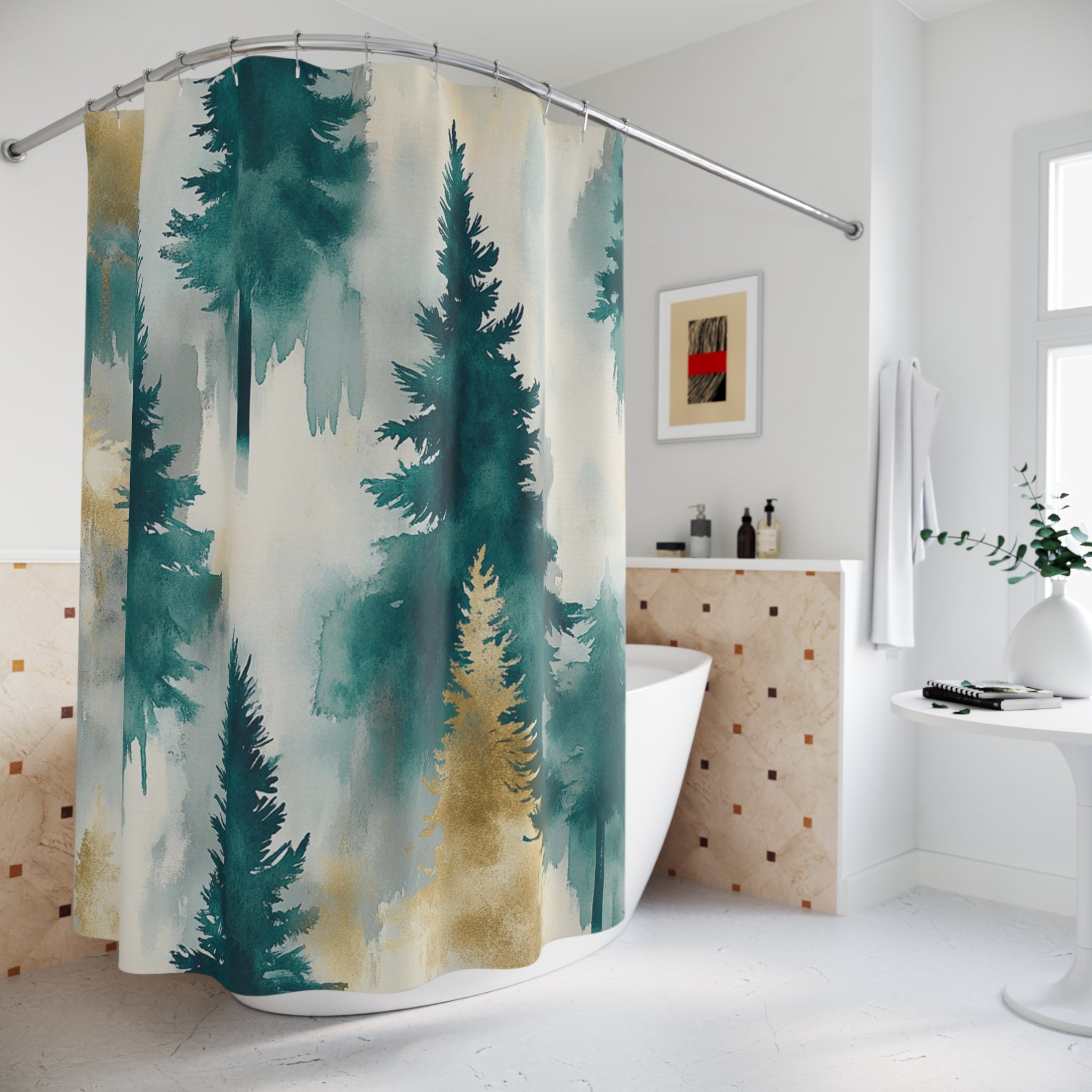 Boho Shower Curtain | Pine Trees Teal Muted Gold Grey