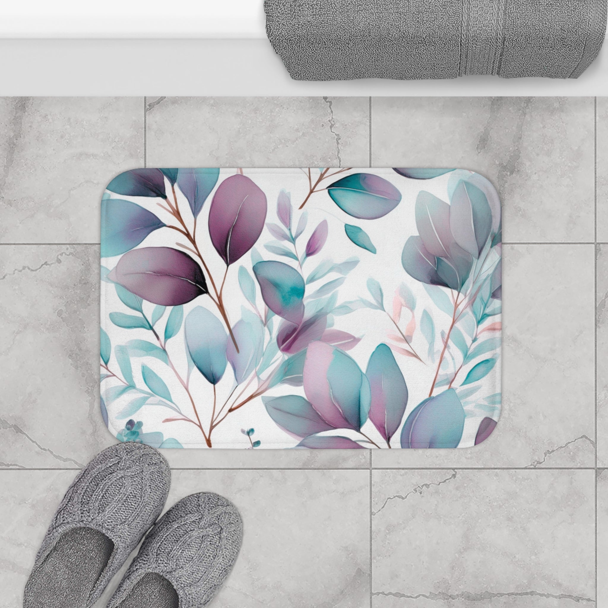 Floral Bath Mat | Teal Mauve White Leaves Kitchen Mat