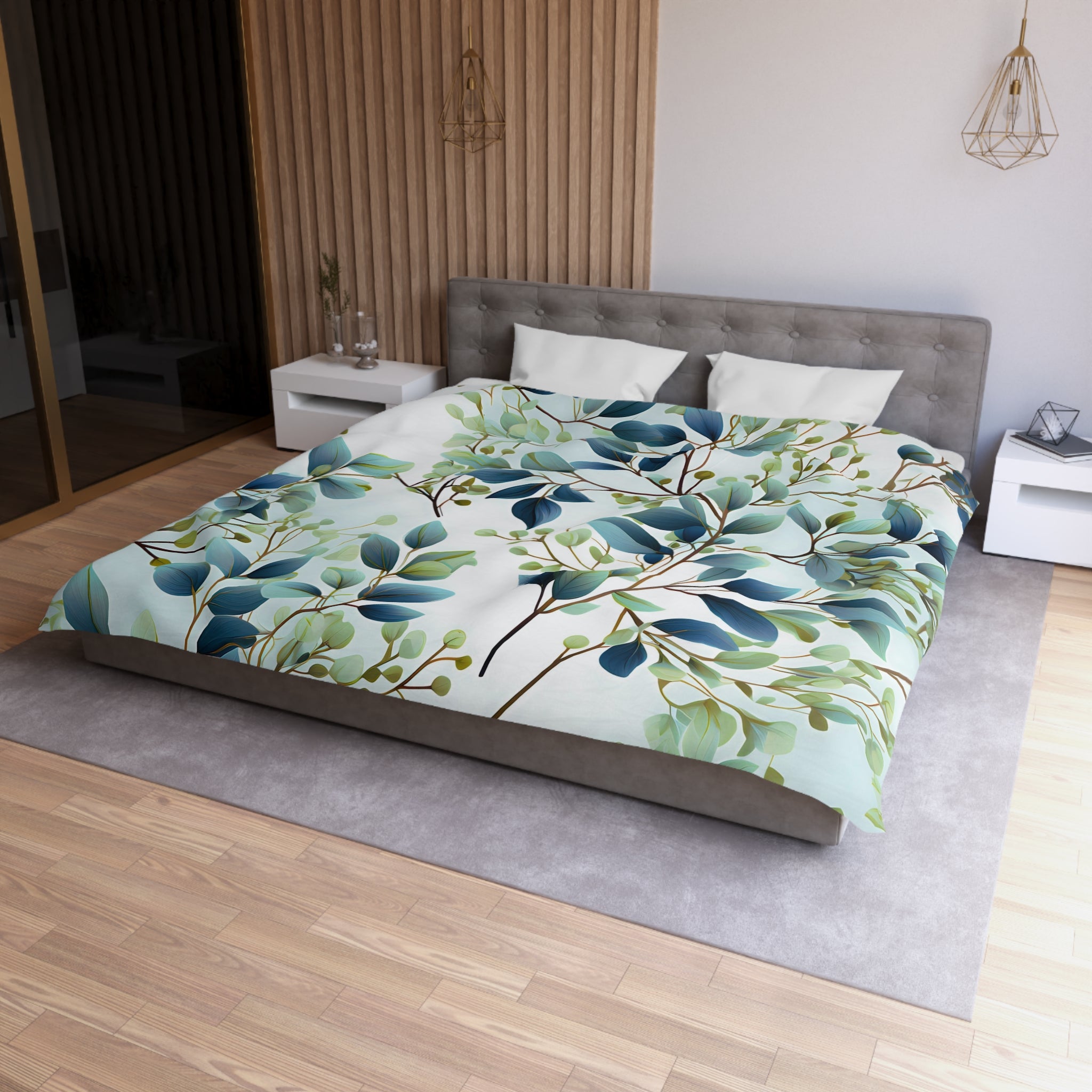 Floral Duvet Cover | Blue, Teal Green, Eucalyptus Leaves Bedding Boho Decor | Bedroom Decor