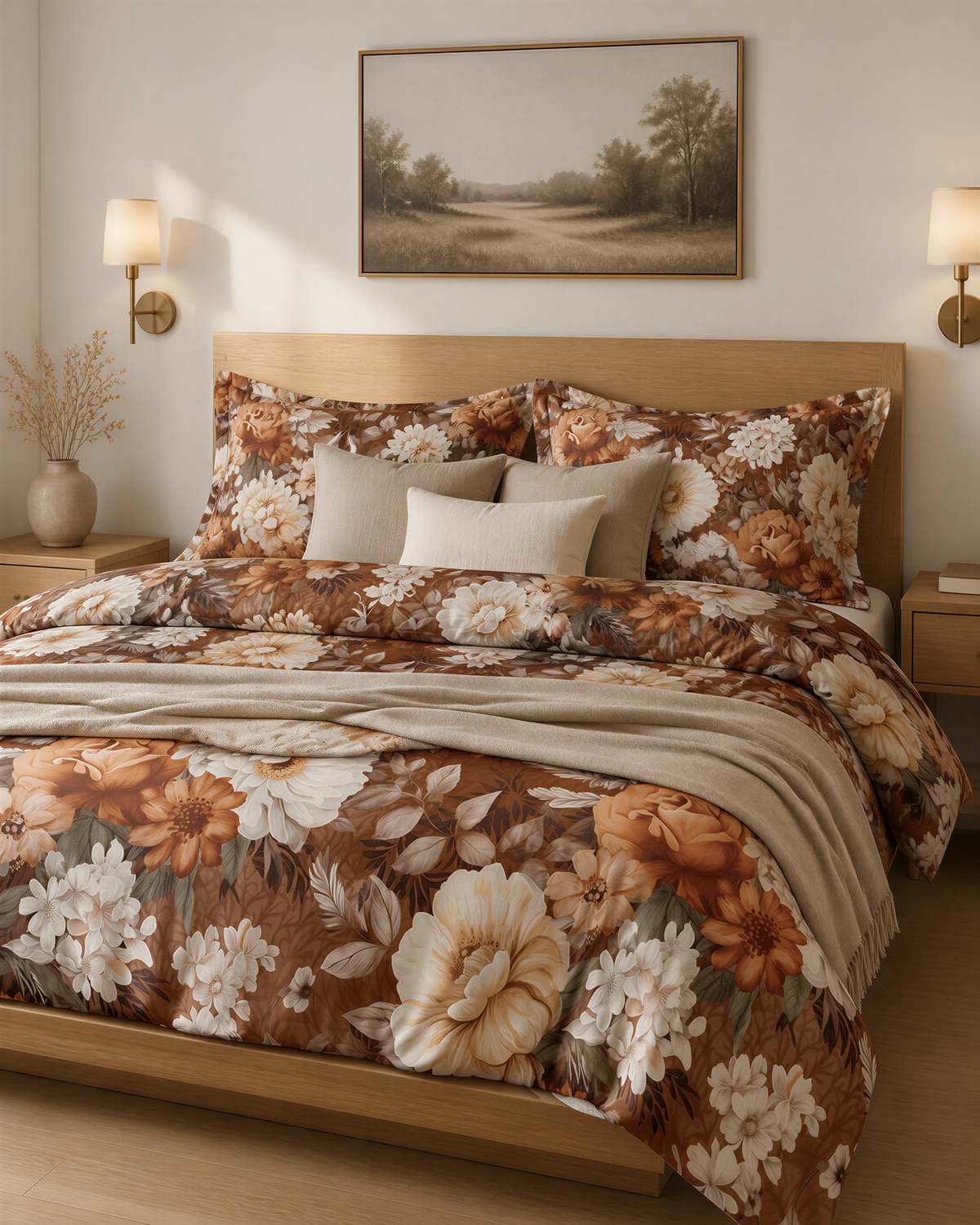 a cozy and inviting bedroom with a large bed adorned with a floral comforter and pillows. The bed is positioned against a wall, with a framed landscape painting hanging above it. The room also includes a nightstand on each side of the bed, and a vase of flowers on one of the nightstands. The overall atmosphere of the room is warm and comfortable, with a harmonious color palette and well-placed decor elements.