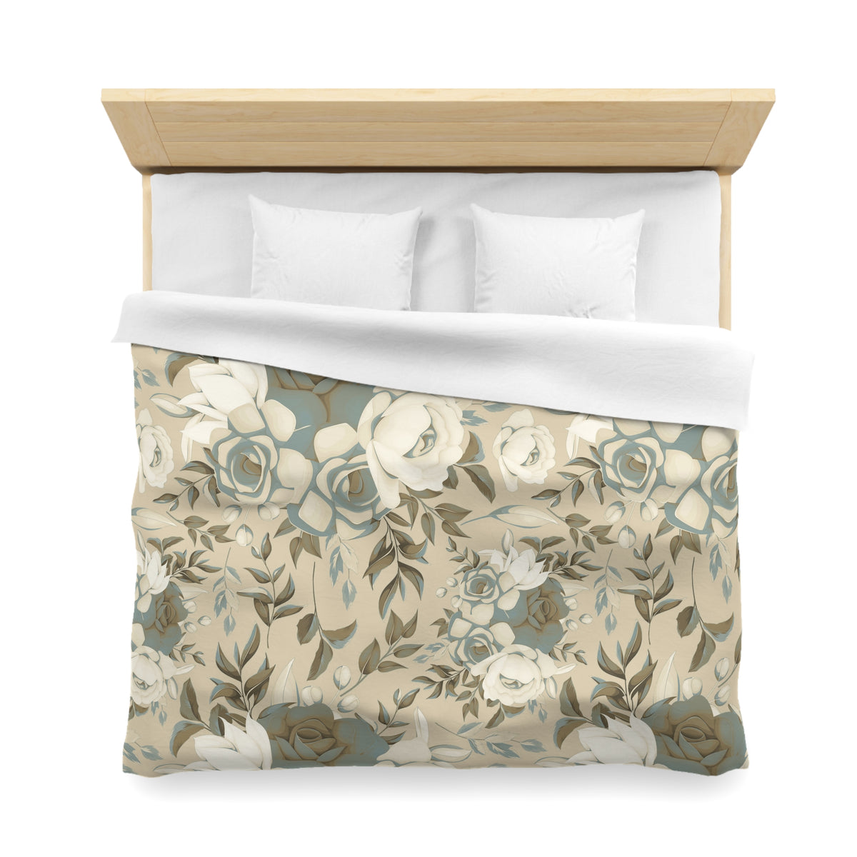 a neatly made bed with a floral print duvet cover and two white pillows.